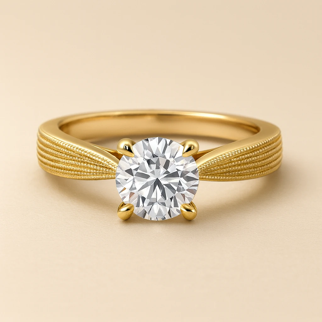 Milgrain Dokulu 14K Altın Tektaş Yüzük | Round Brilliant Lab-Grown Pırlanta | Zarif Solitaire Tasarım