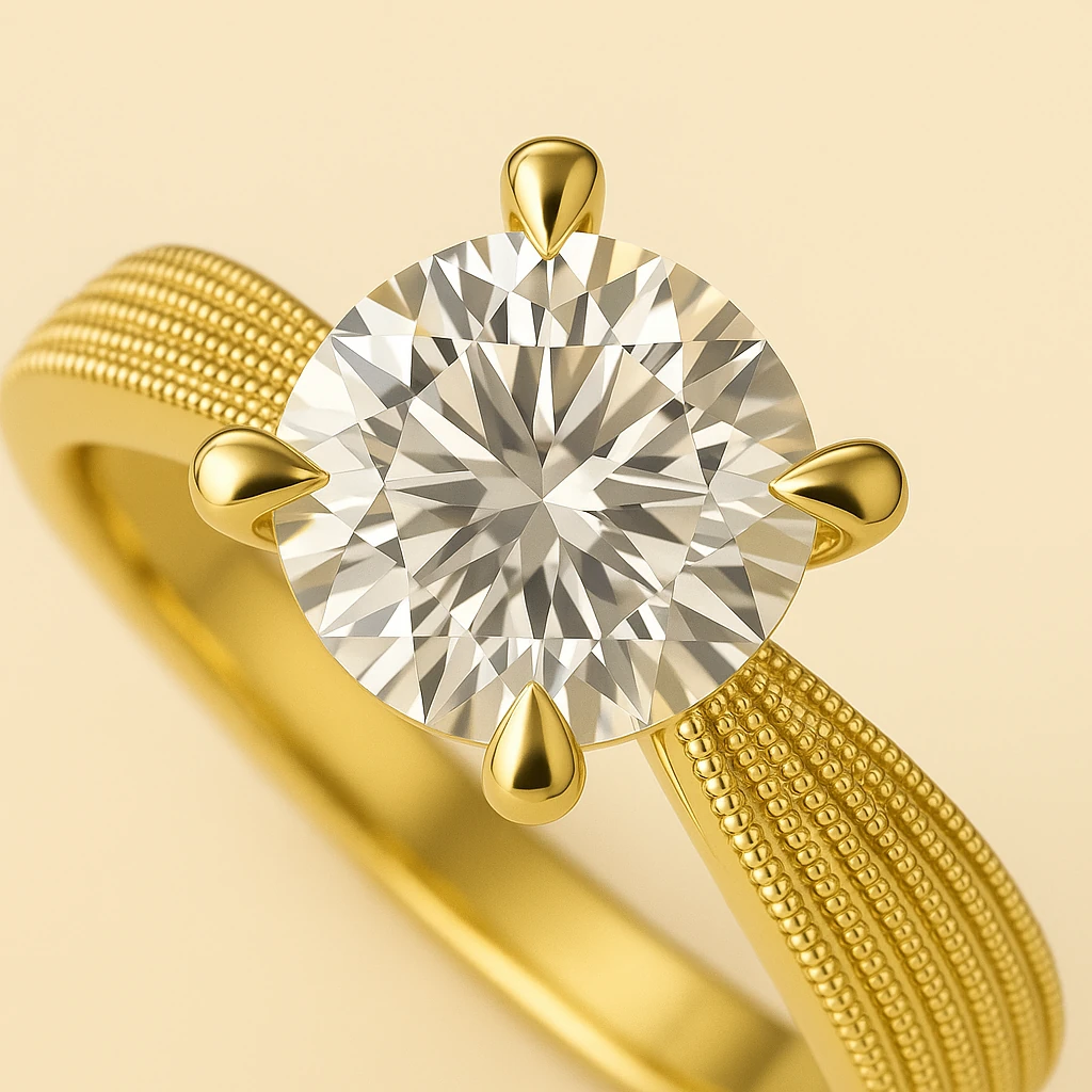 Milgrain Dokulu 14K Altın Tektaş Yüzük | Round Brilliant Lab-Grown Pırlanta | Zarif Solitaire Tasarım