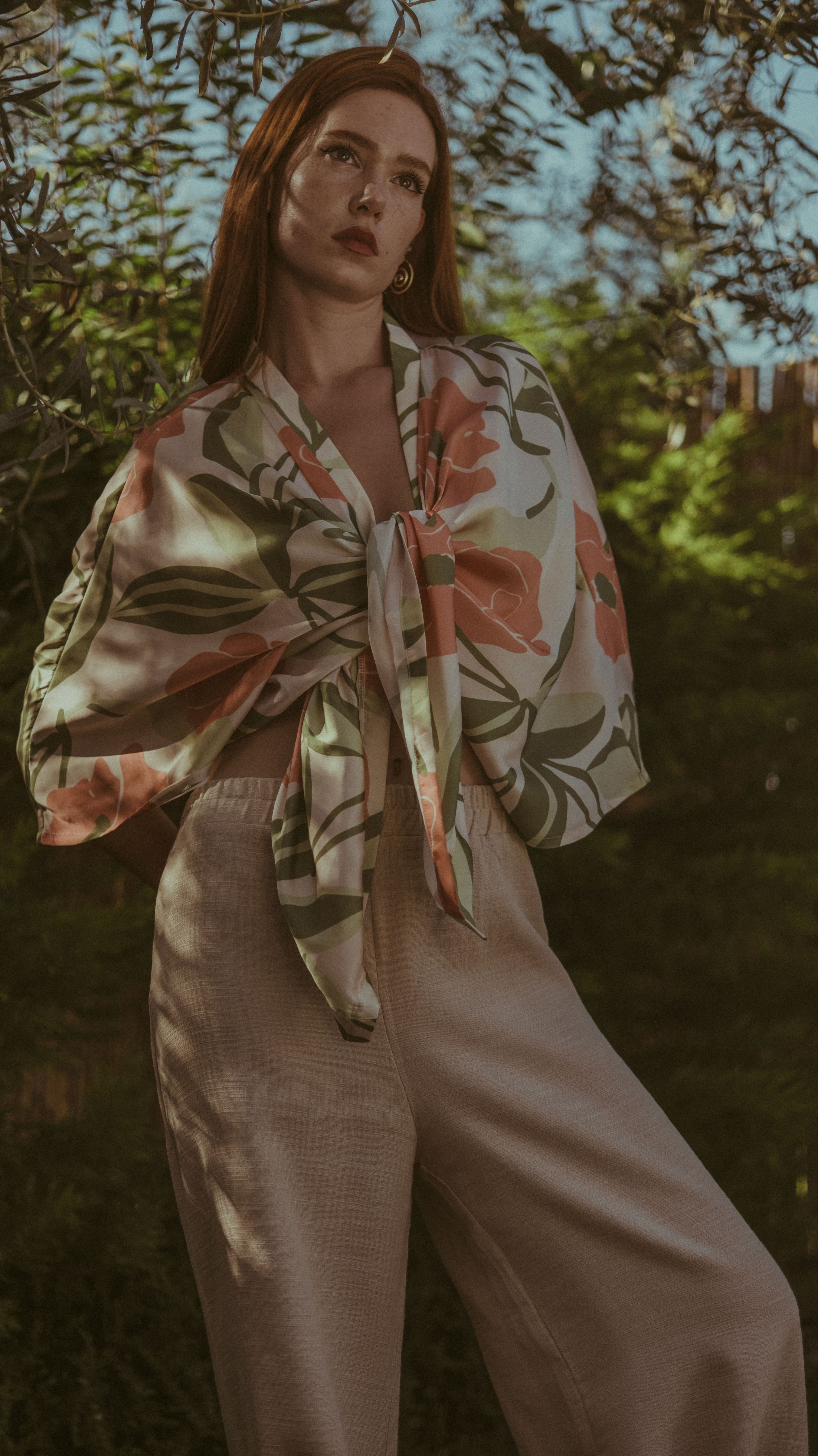 Çiçek Desenli Saten Oversize Kimono - Yeşil Turuncu