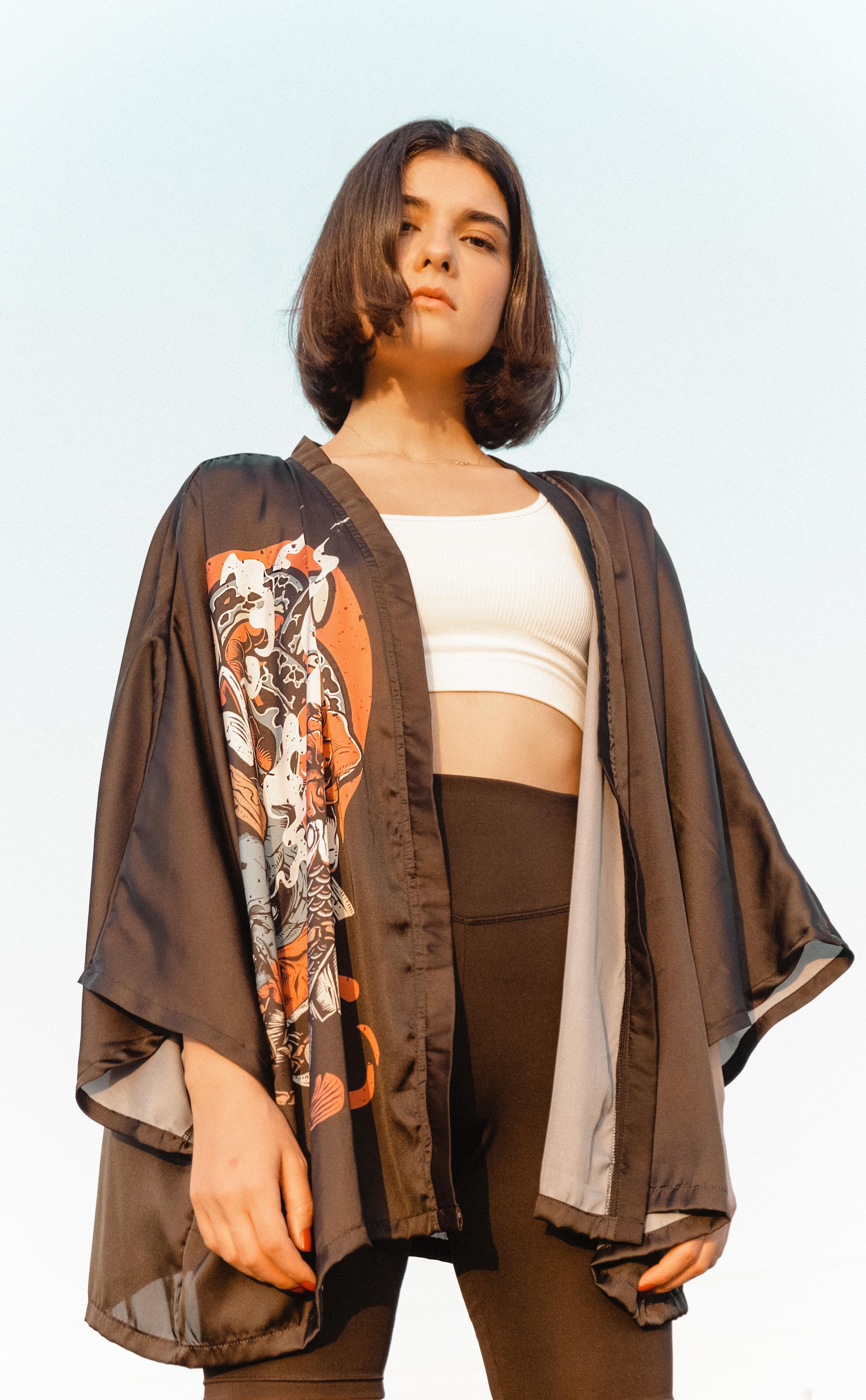 Mask Saten Oversize Kimono - Şinto - Siyah-Kırmızı