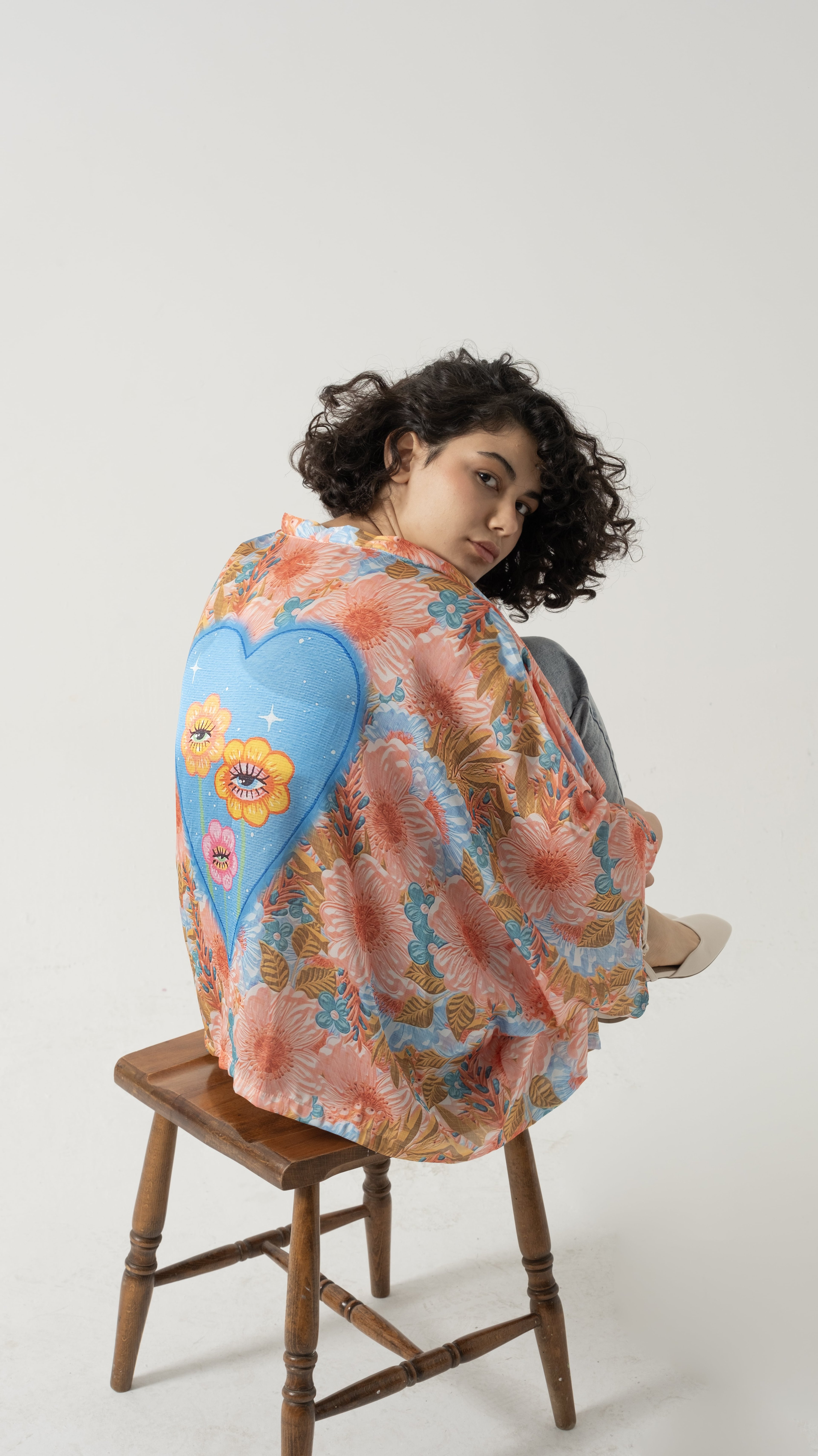Saten Oversize Kimono - Bloody Mary - Mavi-Turuncu
