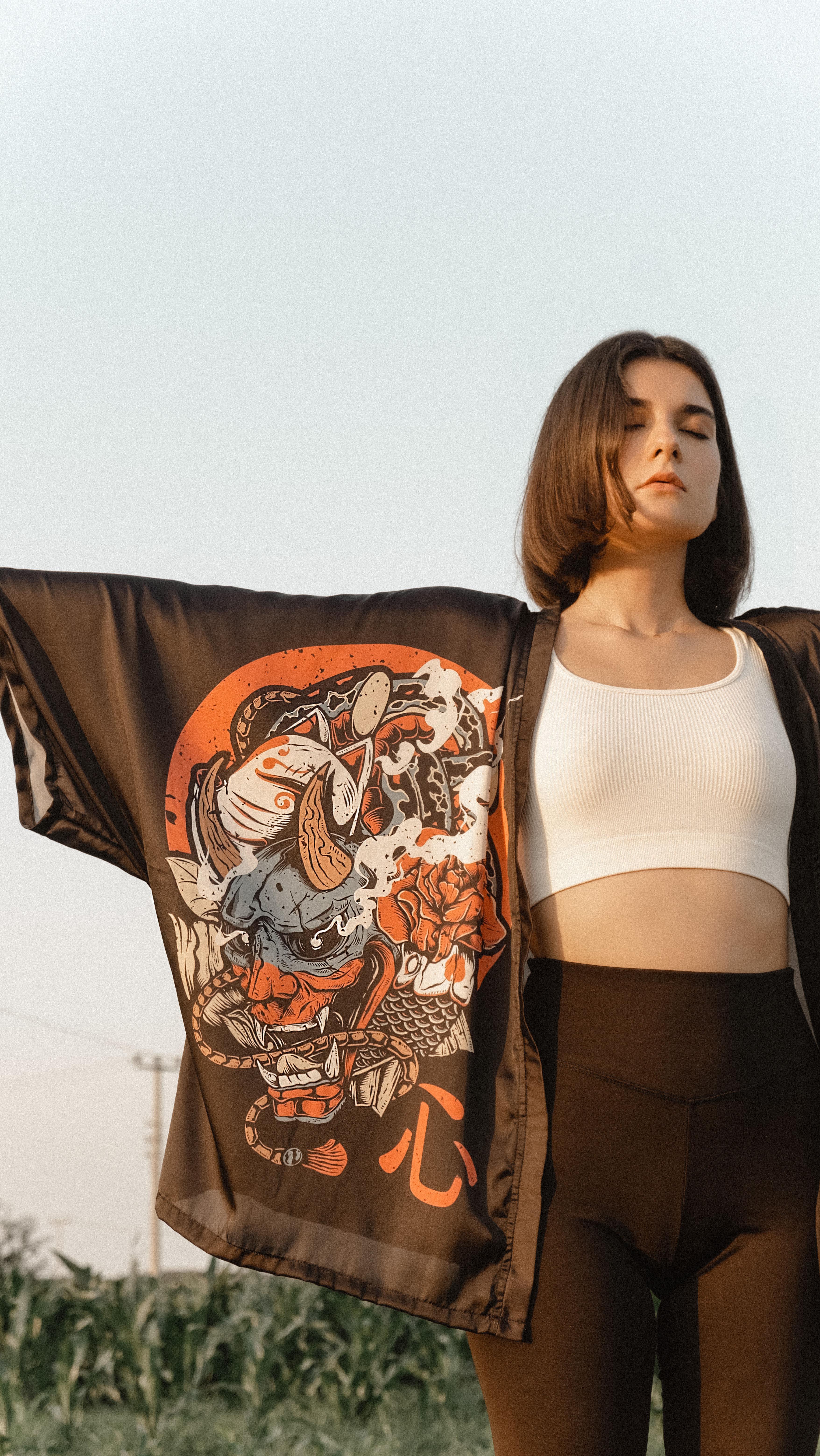 Mask Saten Oversize Kimono - Şinto - Siyah-Kırmızı