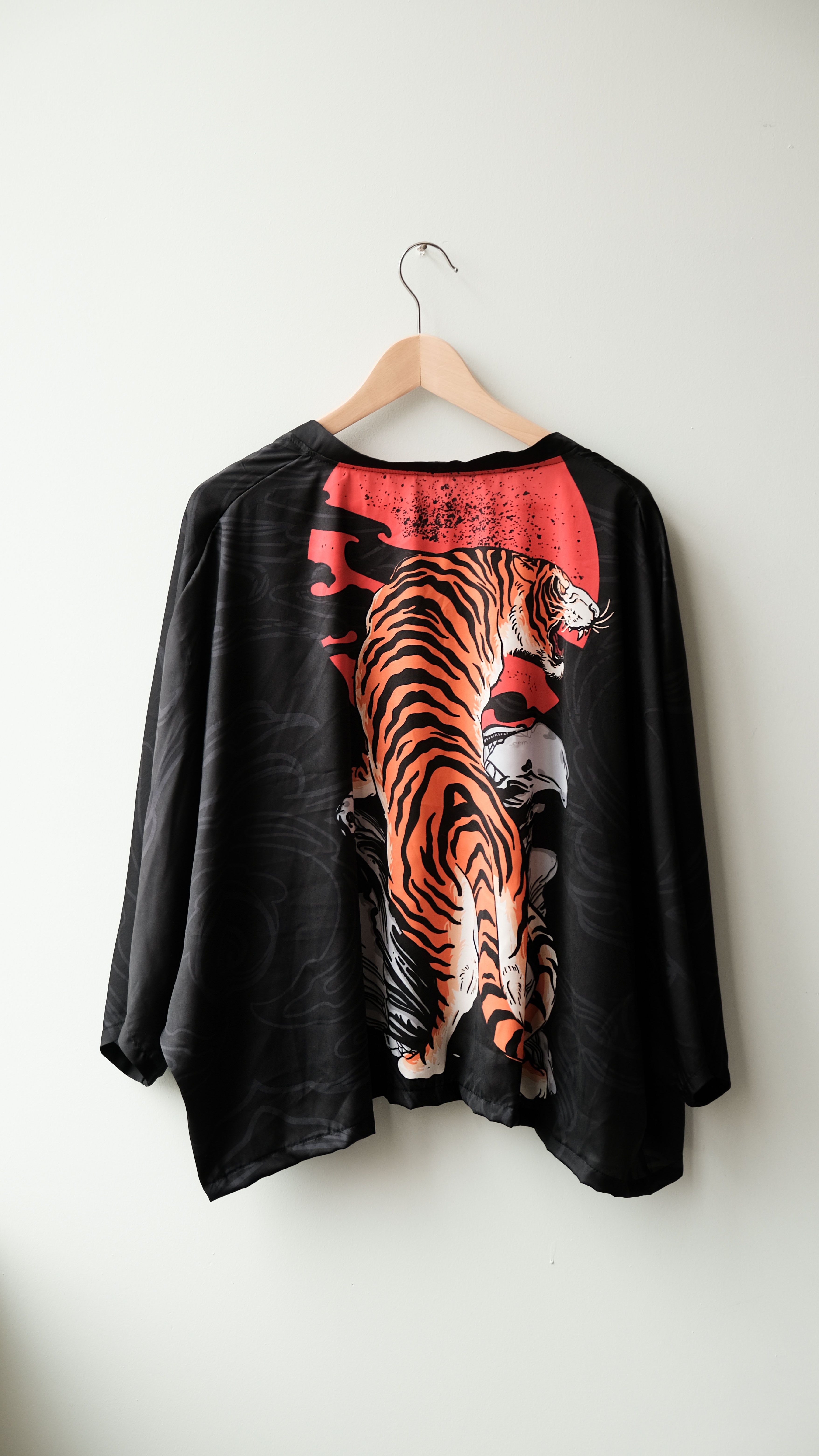 Oversize Saten Kimono - Tiger - Beyaz