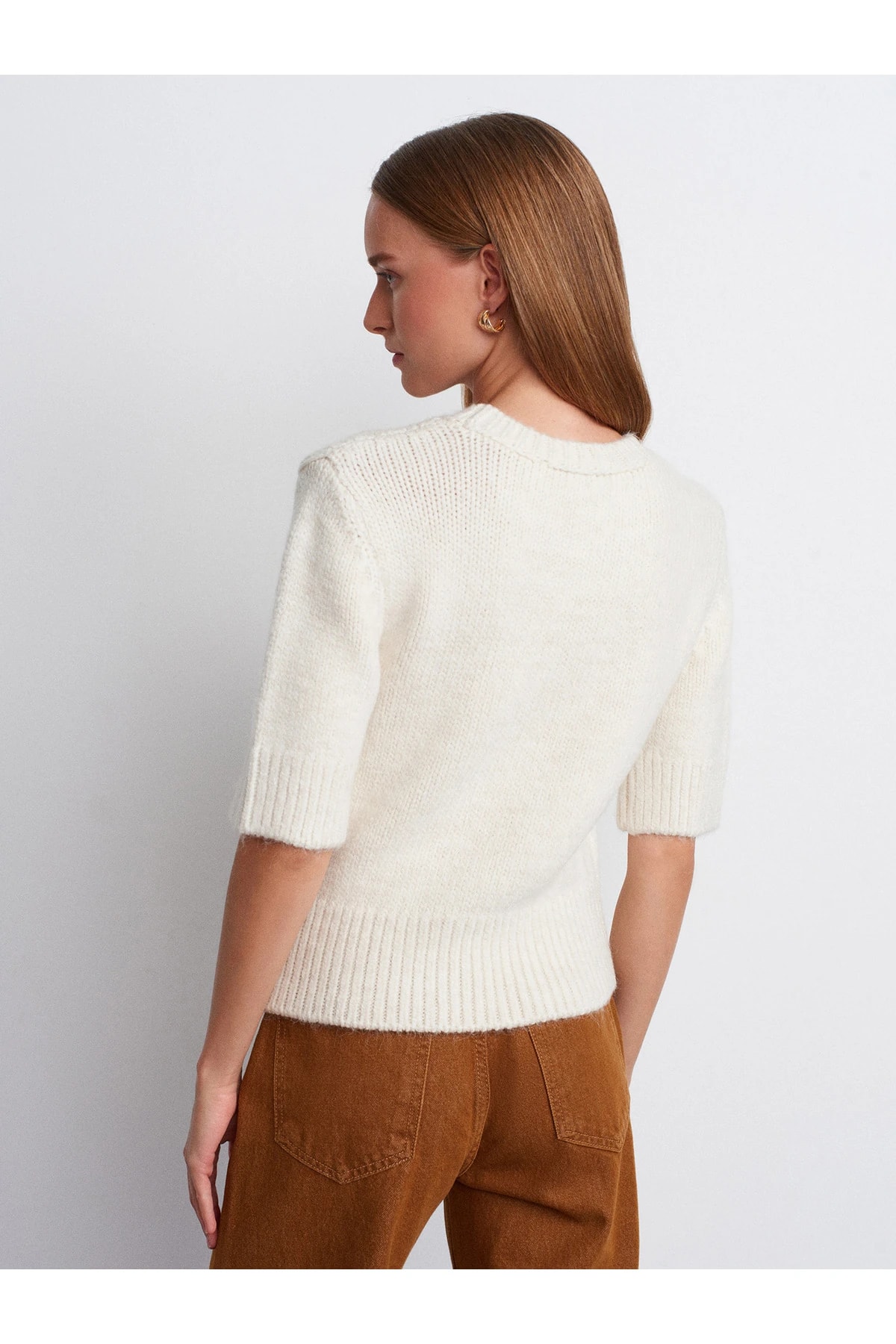 10821 Bisiklet Yaka Kısa Kollu Triko Kazak-Ekru