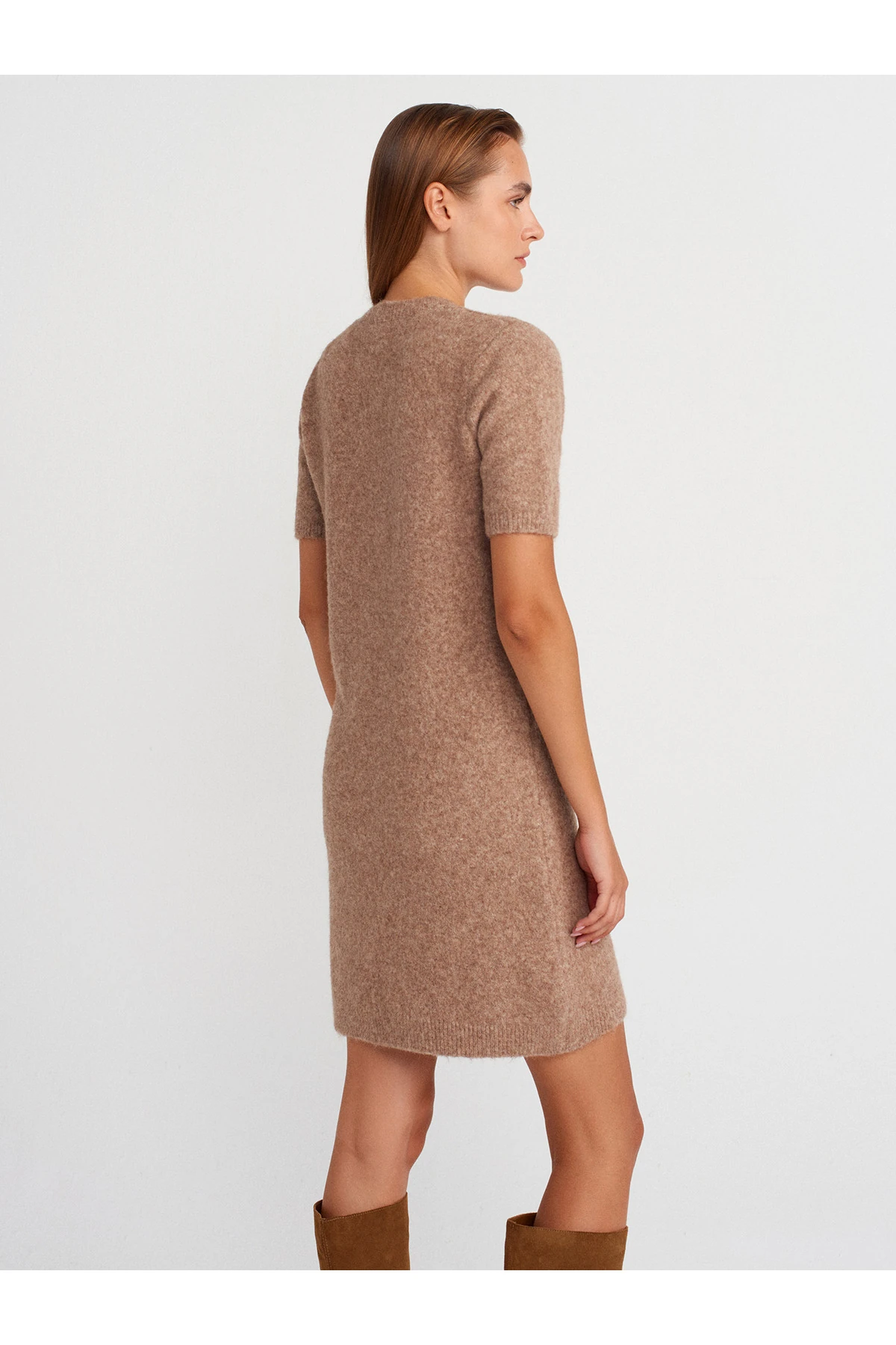90257 Bisiklet Yaka Yün Karışımlı Triko Elbise-K.Bej Mel.