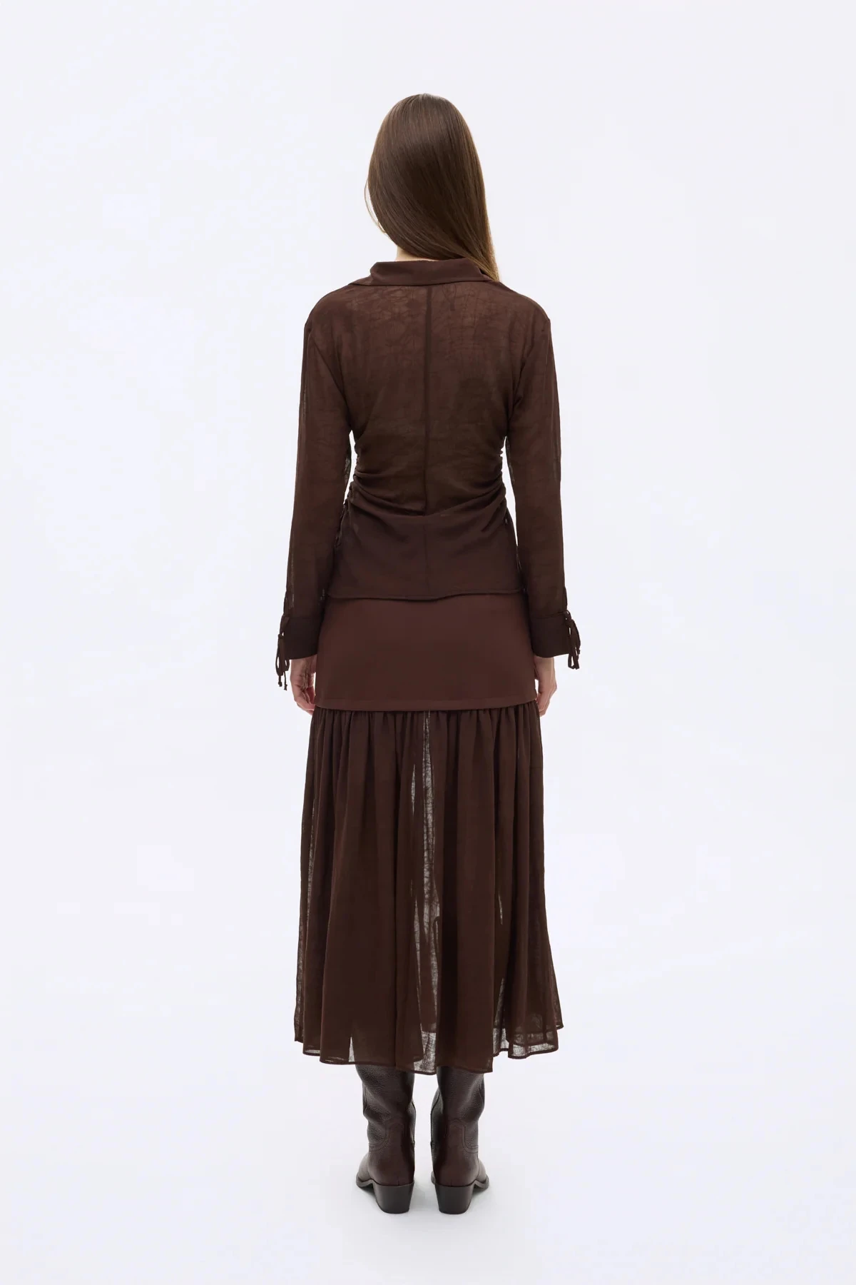 Büzgülü Bağcık Detaylı Transparan Gömlek Kahverengi