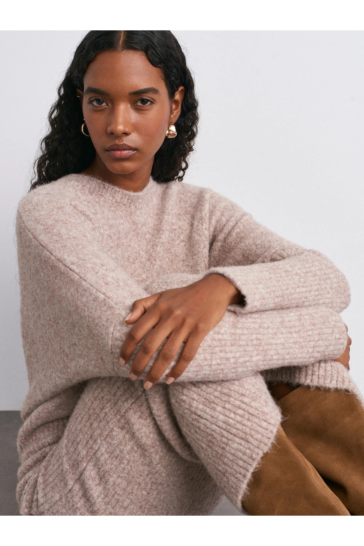 90260 Bisiklet Yaka Yumuşak Dokulu Triko Elbise-Vizon M.