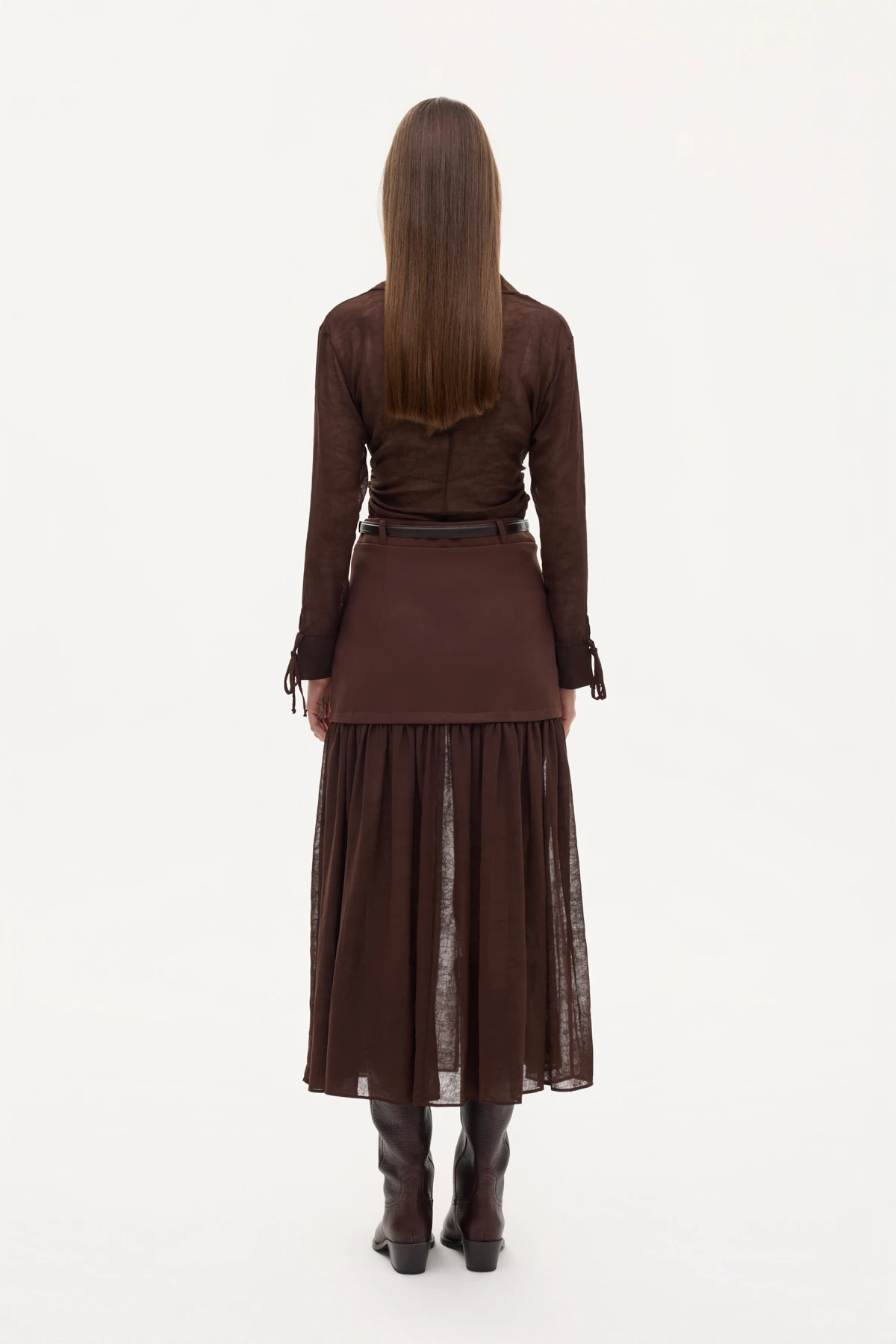 Quzu Tül Garnili Kemerli Midi Etek Kahverengi