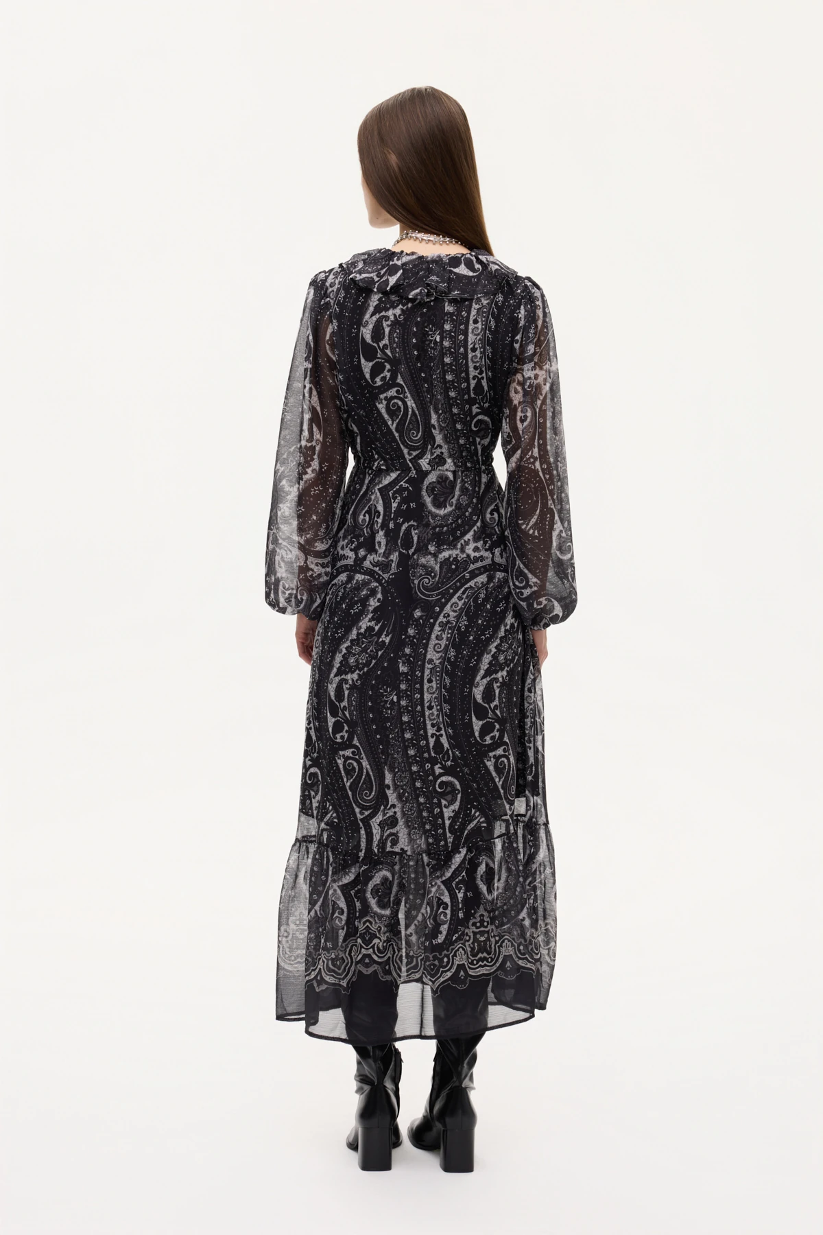 Quzu Etnik Desenli Volan Yaka Uzun Elbise Siyah