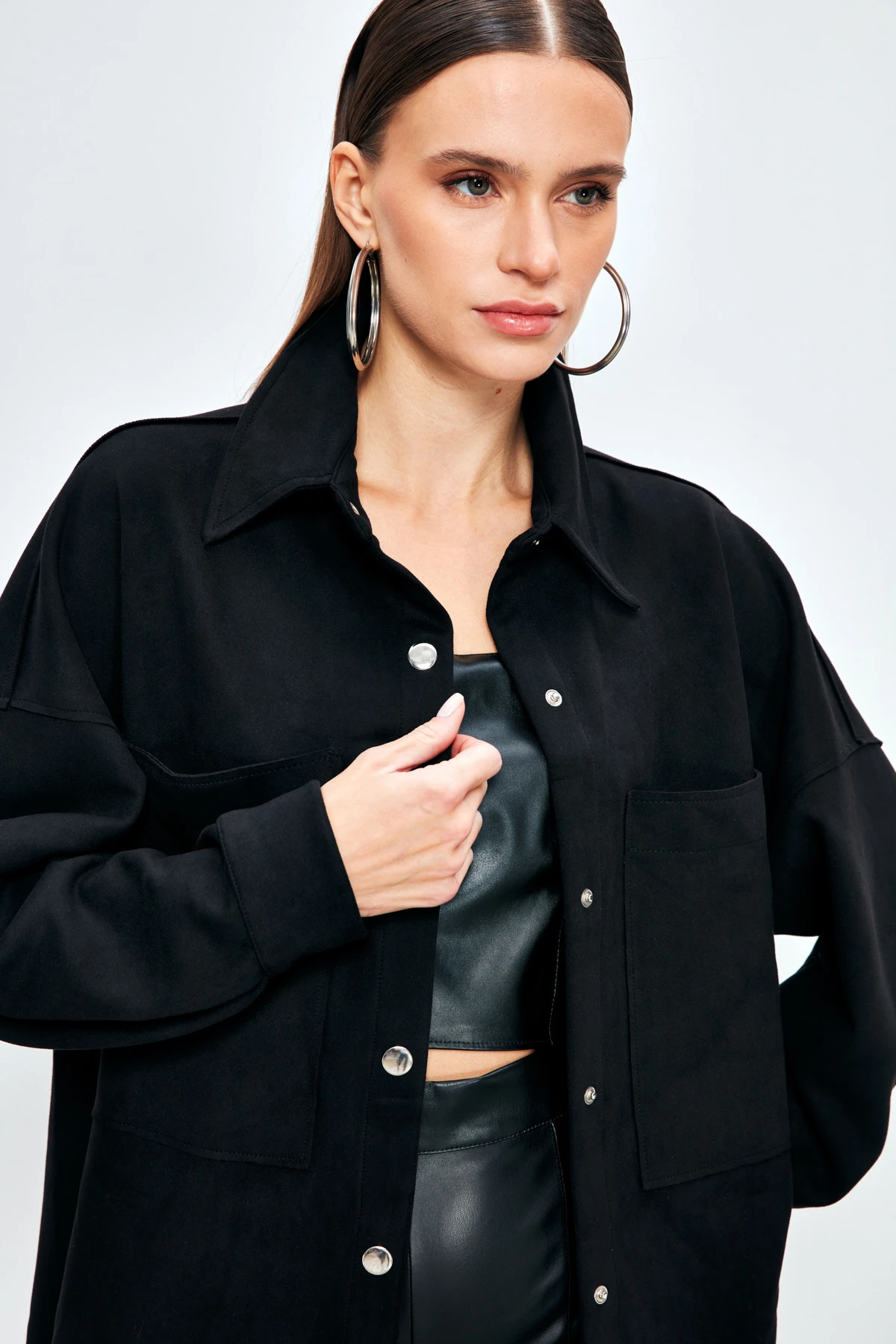 Cepli Salaş Süet Ceket Gömlek - Siyah