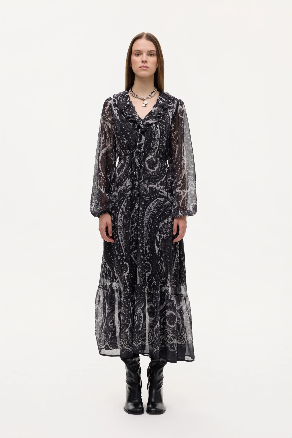 Quzu Etnik Desenli Volan Yaka Uzun Elbise Siyah