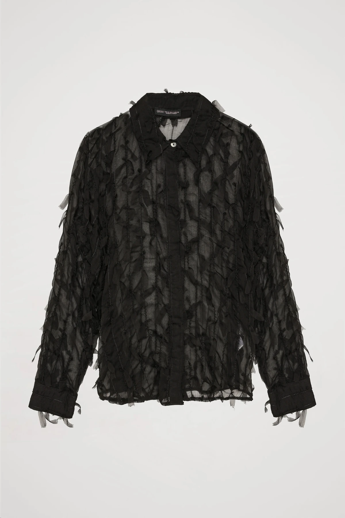 Quzu Tüy Detaylı Şifon Gömlek Siyah