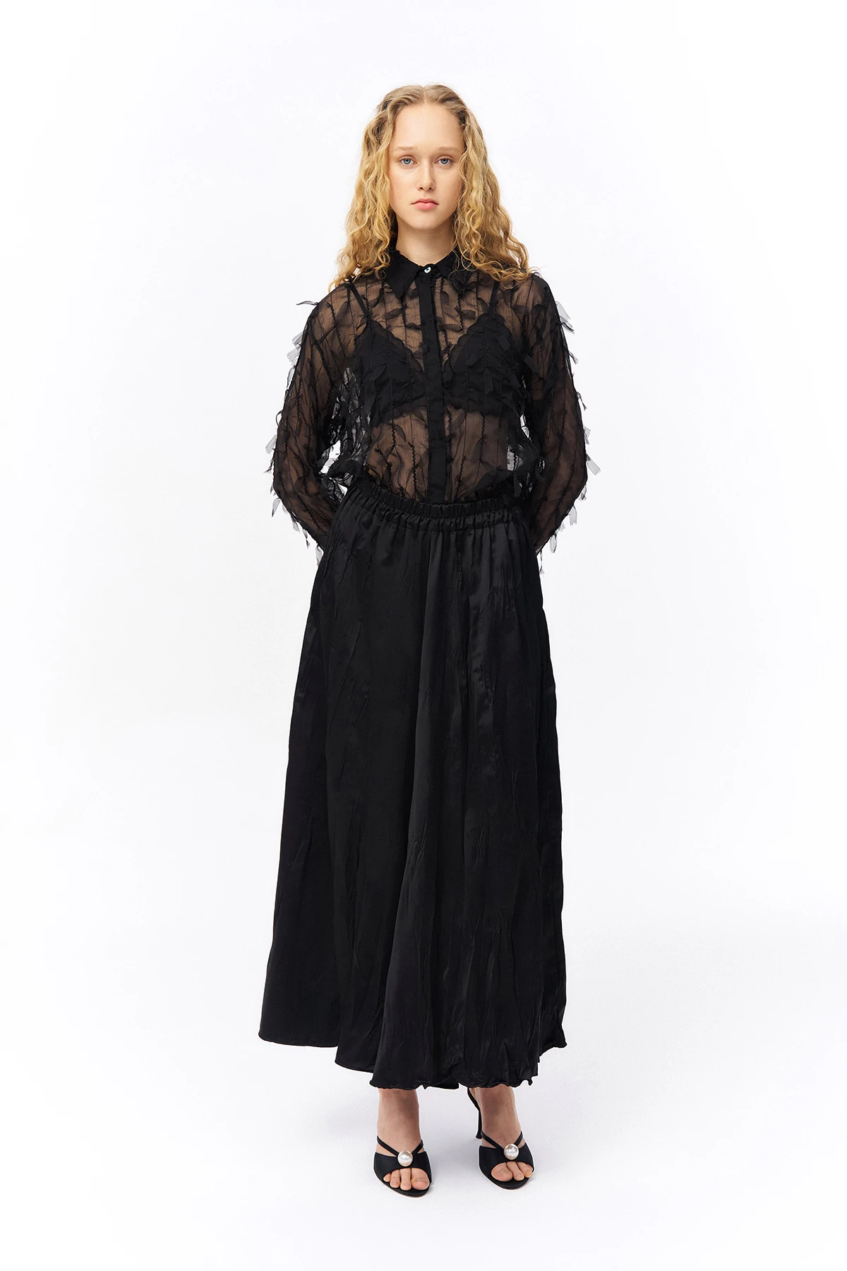 Quzu Tüy Detaylı Şifon Gömlek Siyah