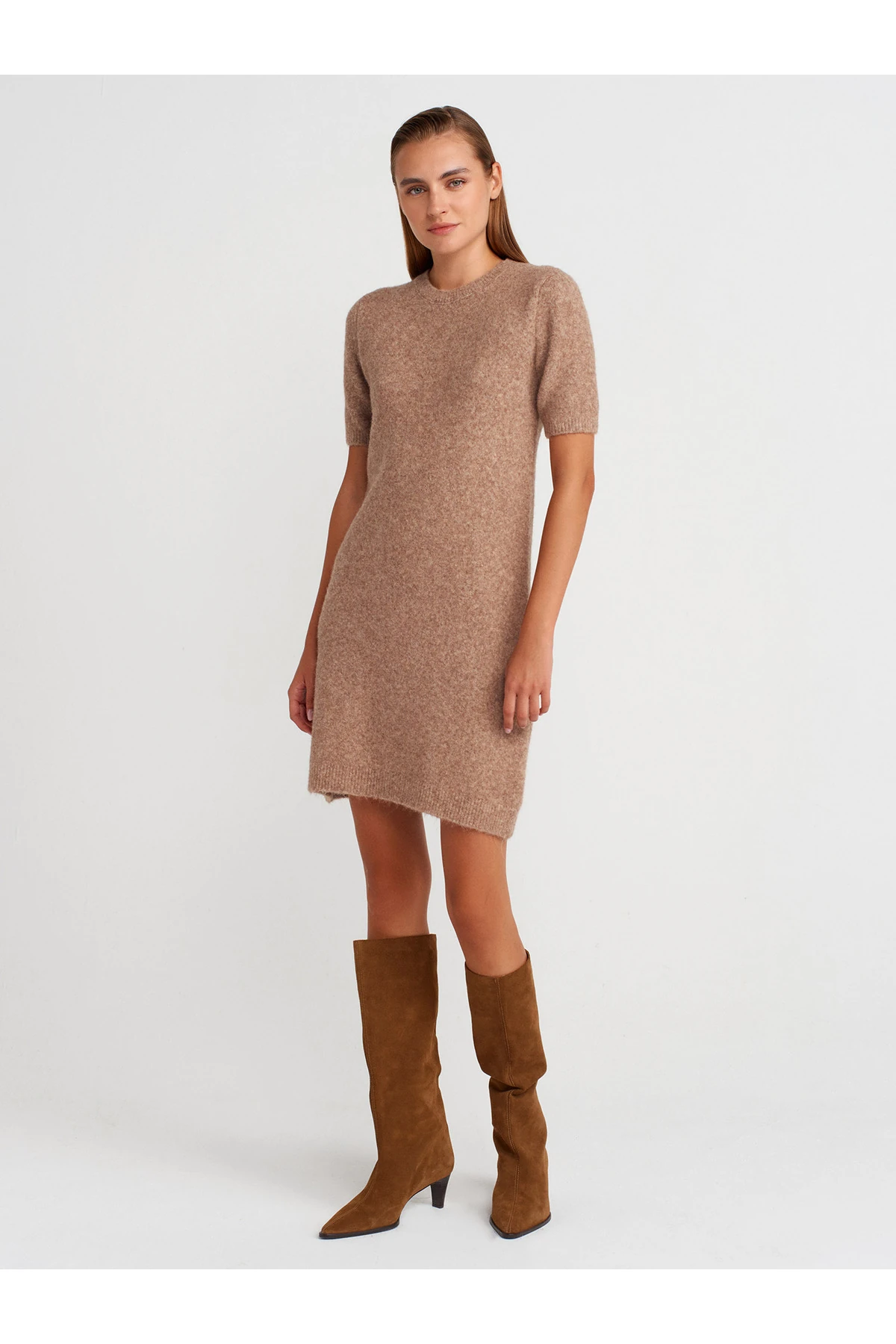 90257 Bisiklet Yaka Yün Karışımlı Triko Elbise-K.Bej Mel.