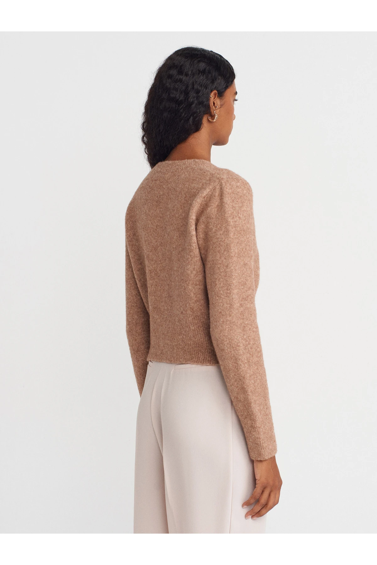 60273 Yün Karışımlı Düğmeli Triko Hırka-K.Bej Mel.