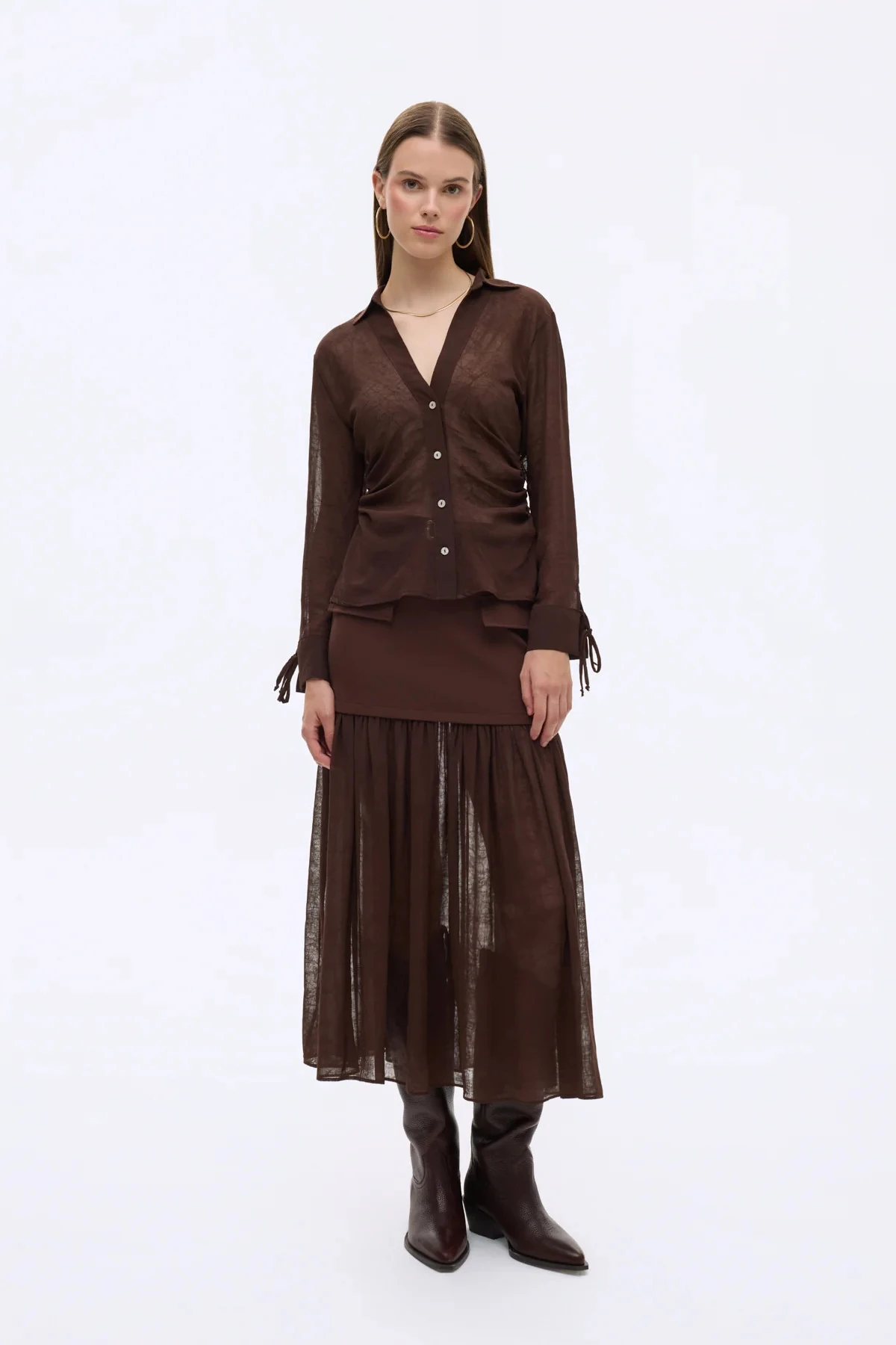 Büzgülü Bağcık Detaylı Transparan Gömlek Kahverengi