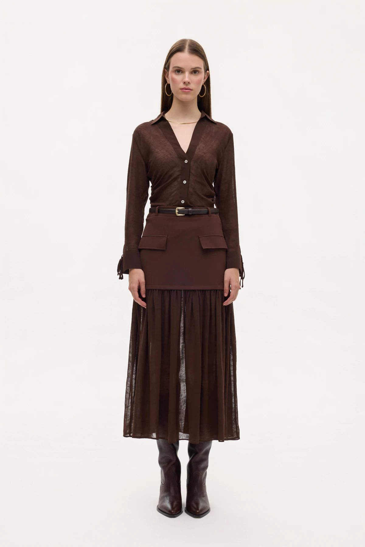 Quzu Tül Garnili Kemerli Midi Etek Kahverengi