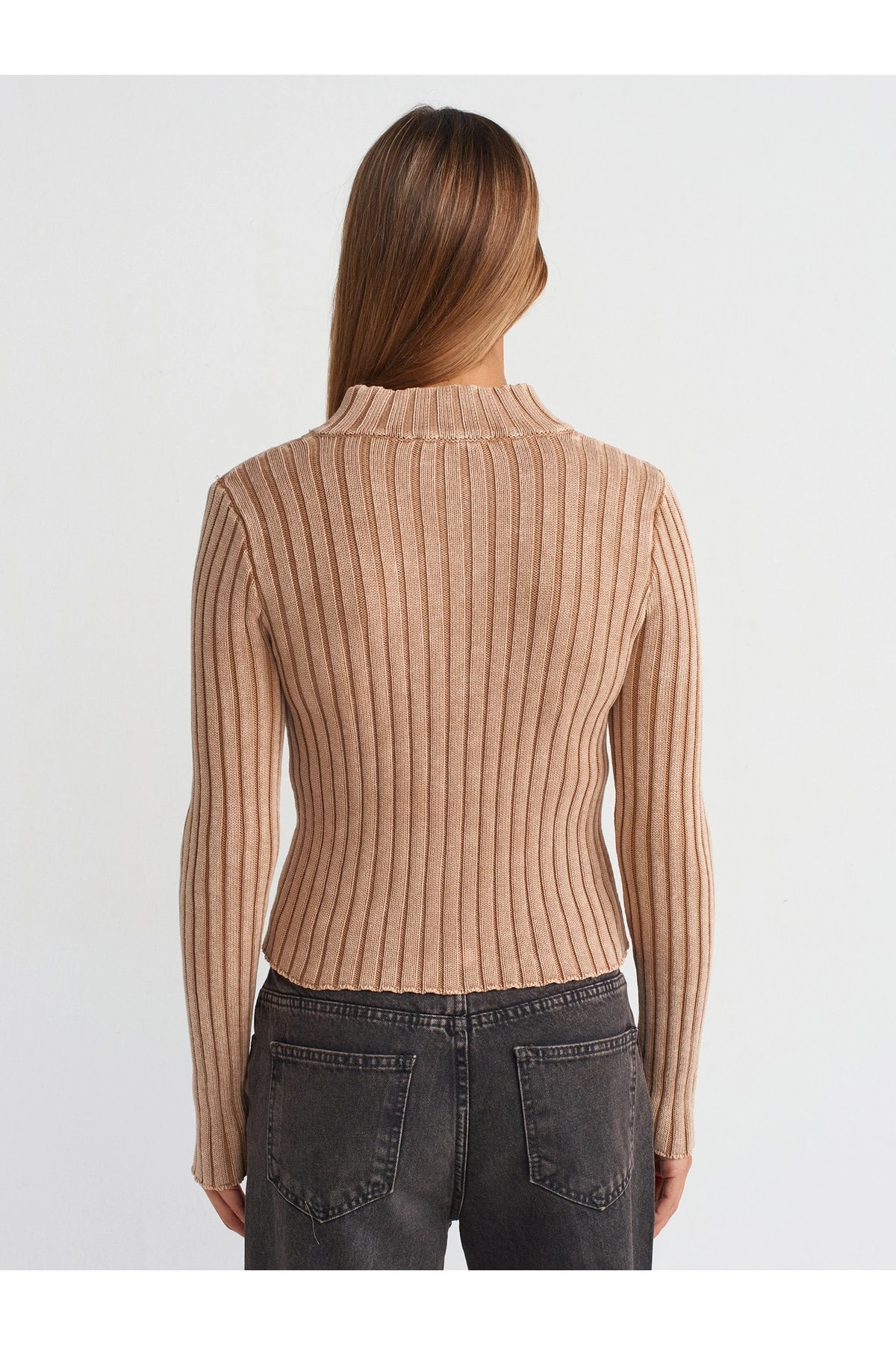 60249 Soluk Efektli Fermuarlı Triko Hırka-Vizon