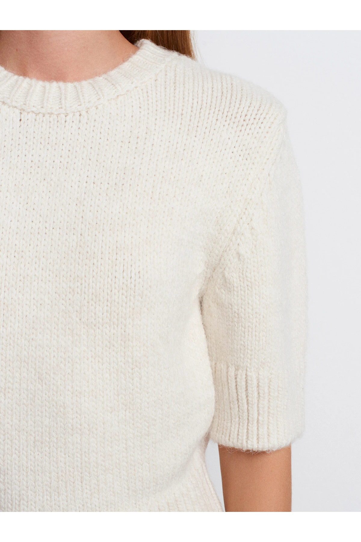 10821 Bisiklet Yaka Kısa Kollu Triko Kazak-Ekru