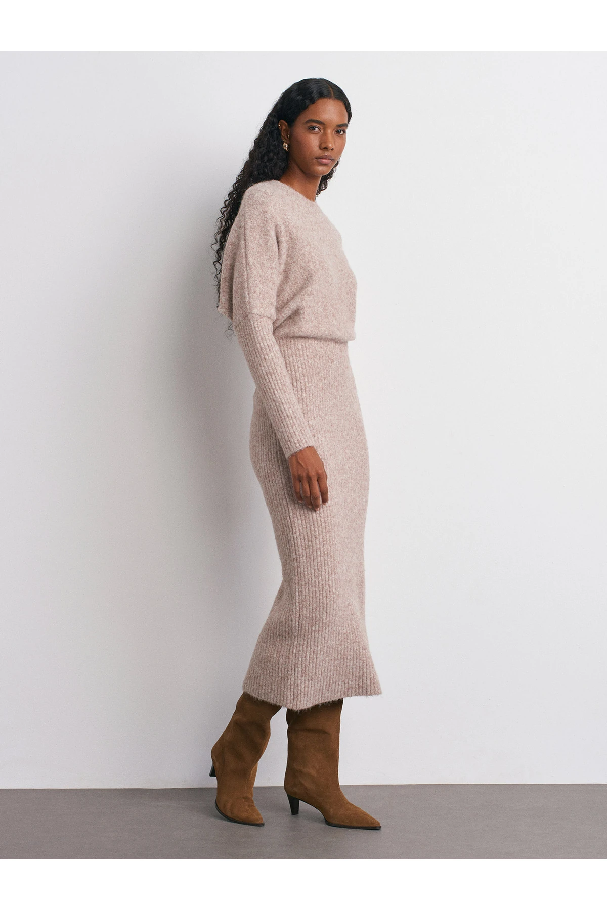 90260 Bisiklet Yaka Yumuşak Dokulu Triko Elbise-Vizon M.