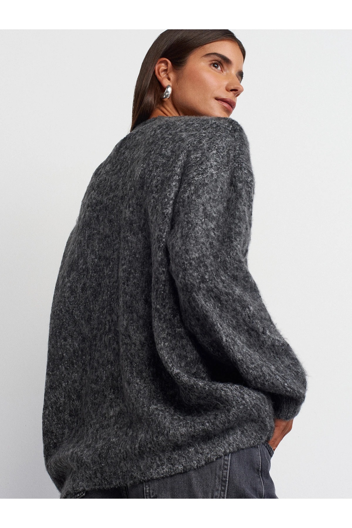 60264 V Yaka Şardonlu Düğmeli Triko Hırka-Antrasit