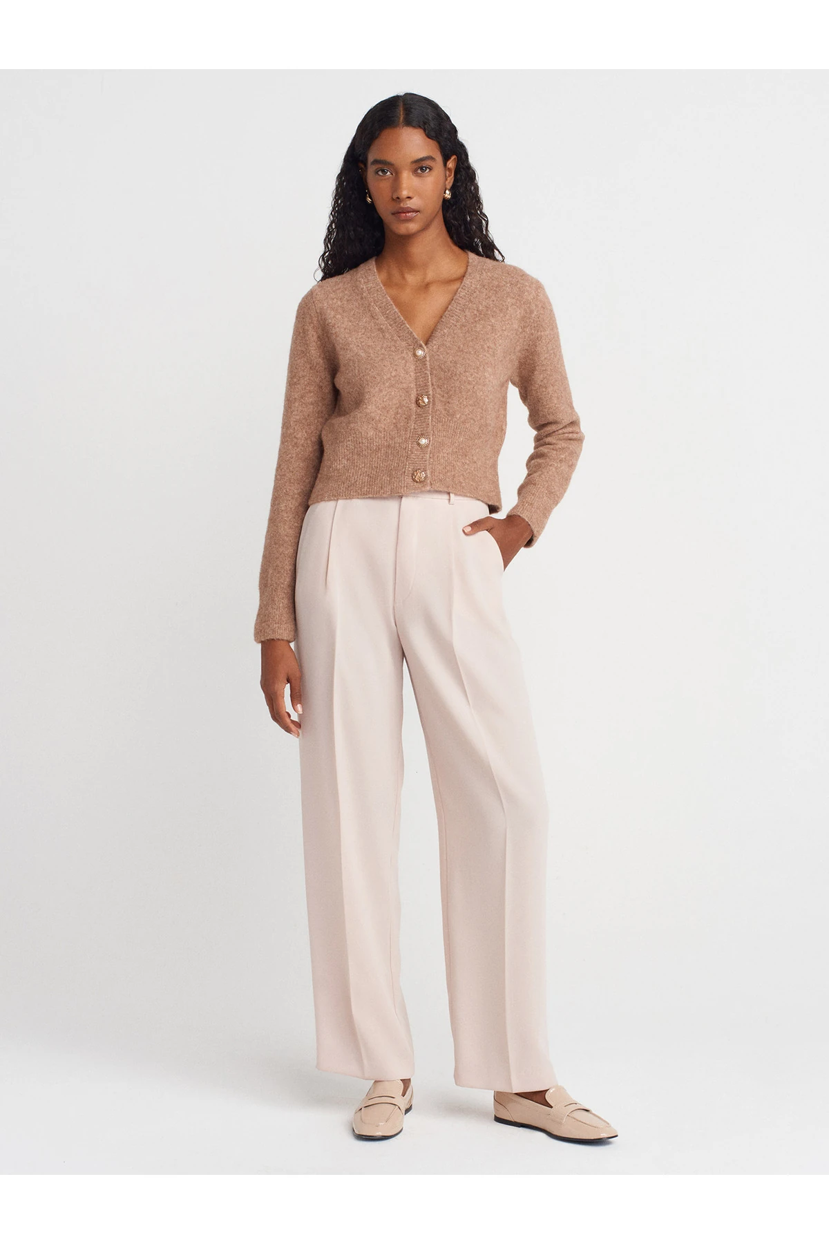 60273 Yün Karışımlı Düğmeli Triko Hırka-K.Bej Mel.