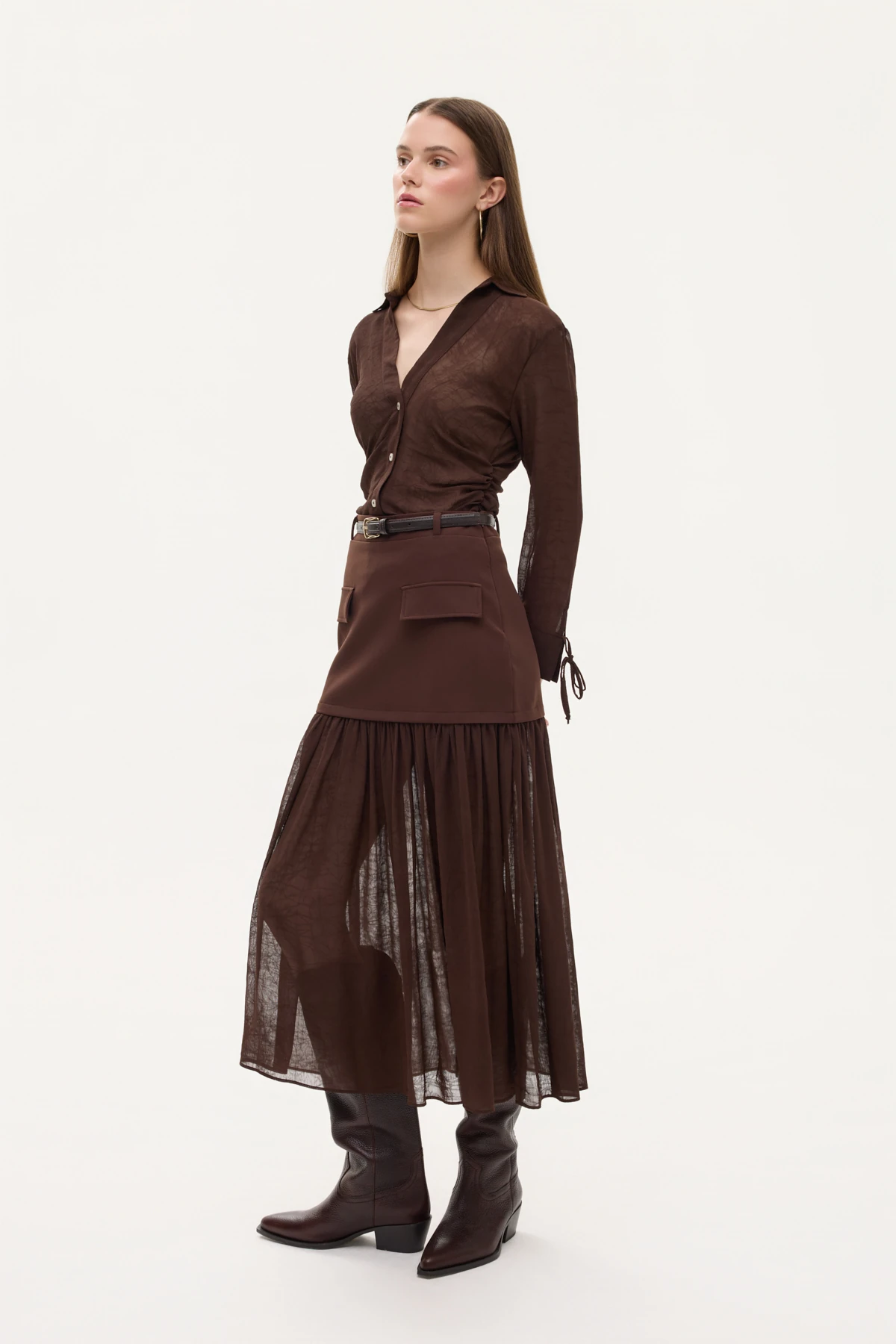 Quzu Tül Garnili Kemerli Midi Etek Kahverengi