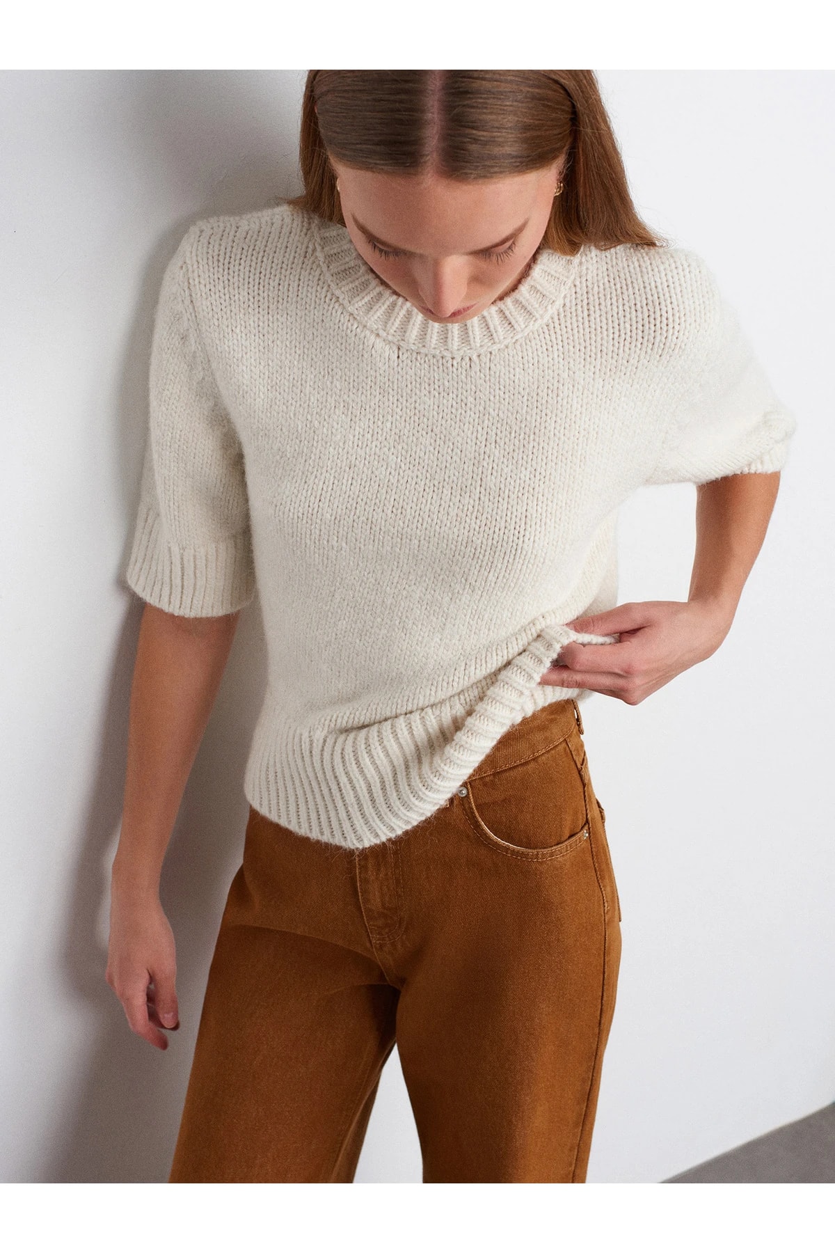 10821 Bisiklet Yaka Kısa Kollu Triko Kazak-Ekru