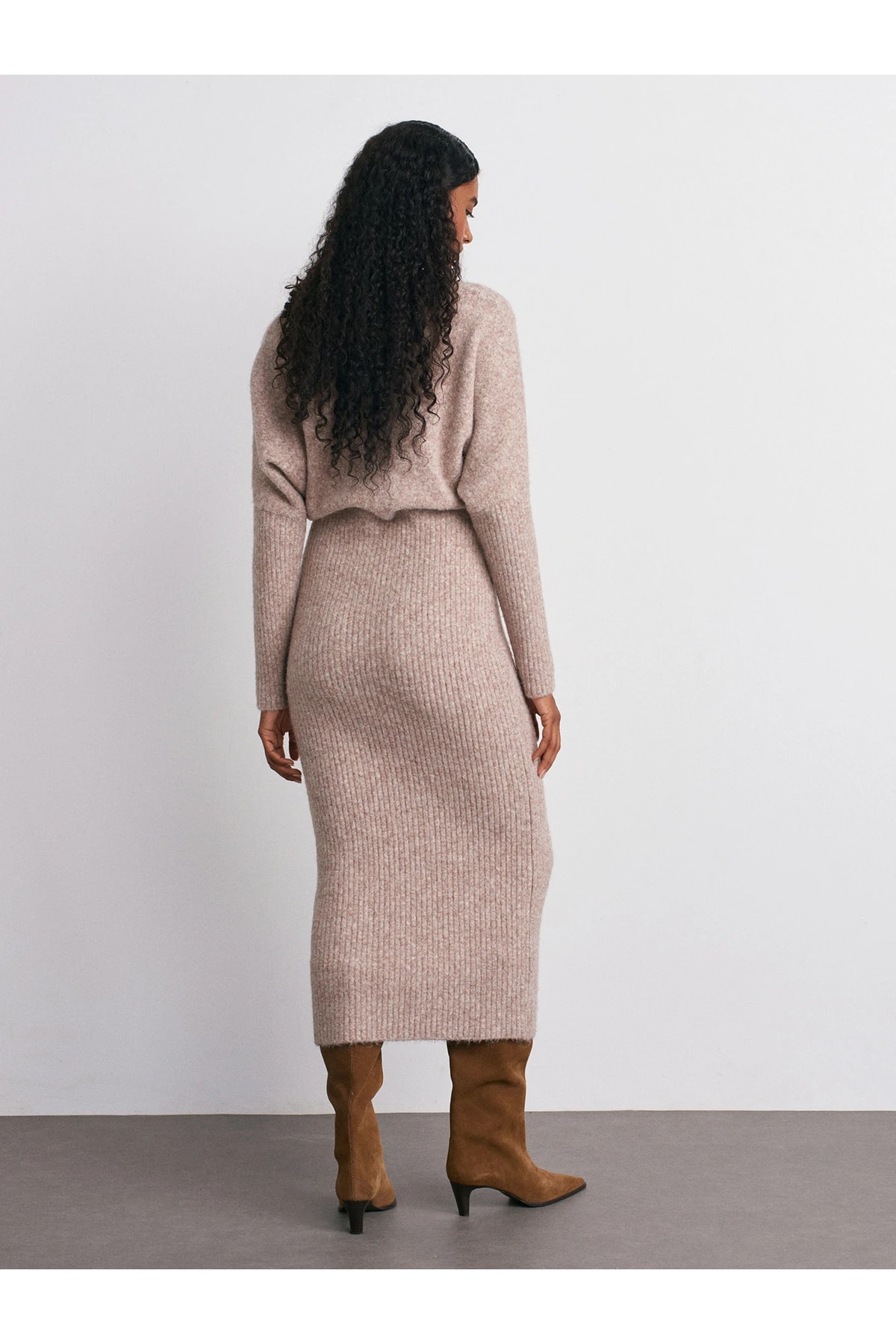 90260 Bisiklet Yaka Yumuşak Dokulu Triko Elbise-Vizon M.