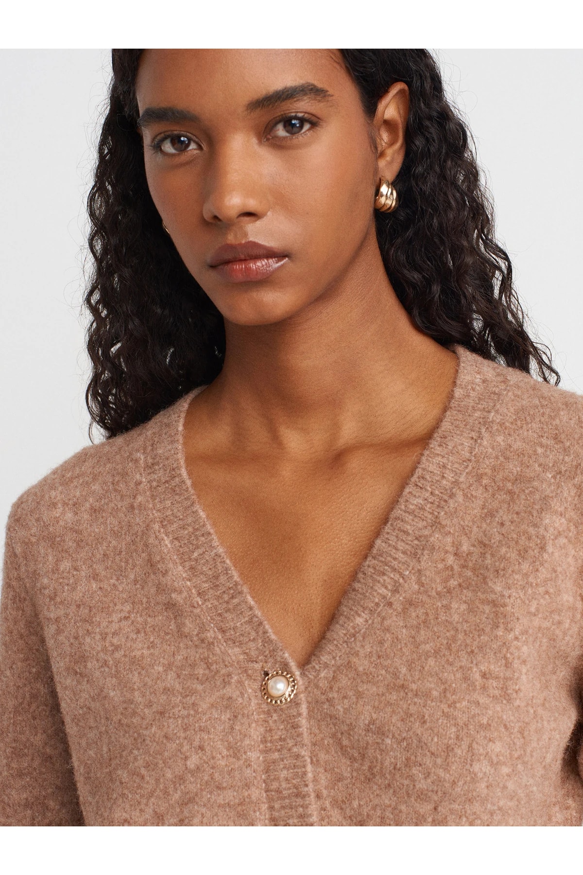 60273 Yün Karışımlı Düğmeli Triko Hırka-K.Bej Mel.