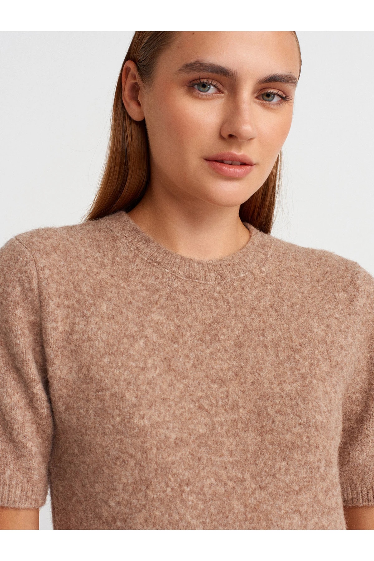 90257 Bisiklet Yaka Yün Karışımlı Triko Elbise-K.Bej Mel.