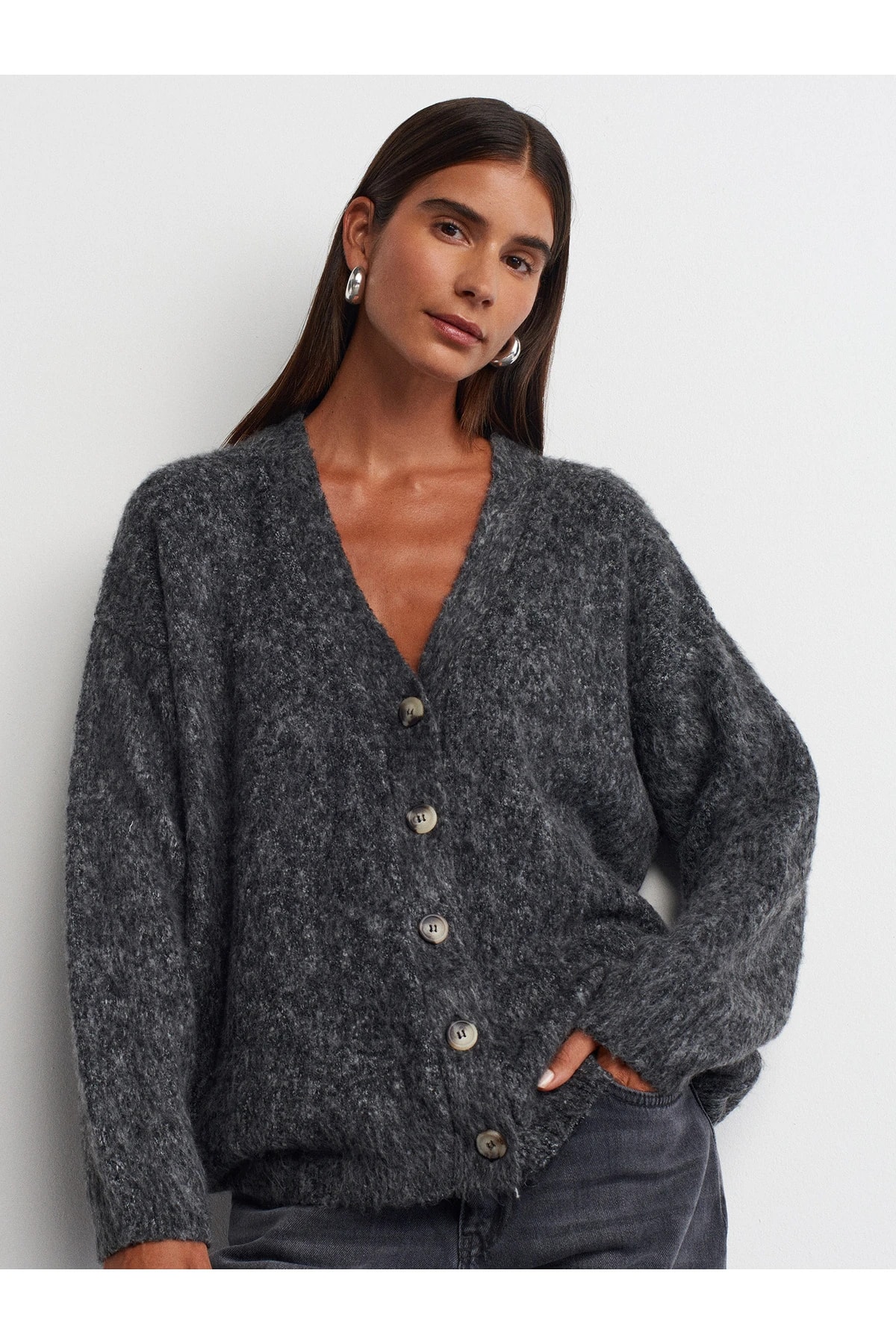 60264 V Yaka Şardonlu Düğmeli Triko Hırka-Antrasit