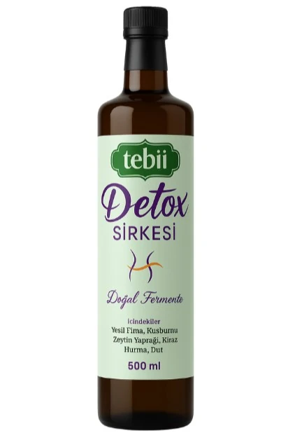 Tebii Detoks Sirkesi 500 ml – Doğal Fermente Elma, Kuşburnu, Zeytin Yaprağı, Kiraz, Hurma, Dut