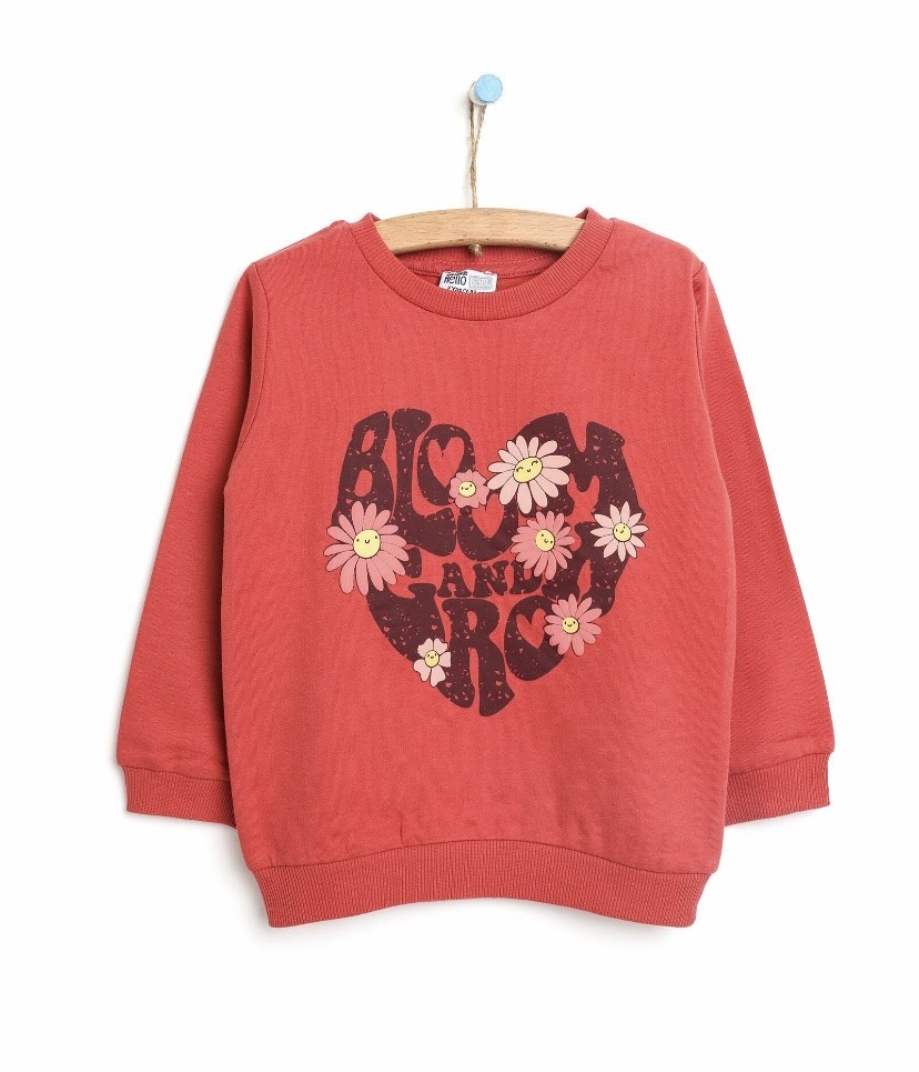Basic Kalp ve Çiçek Desenli Kız Çocuk Sweatshirt -DEESHA