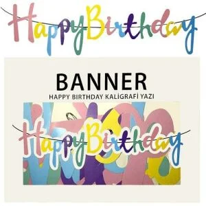 Banner El Yazılı Happy Birthday Makaron Renkli Uzar Yazı