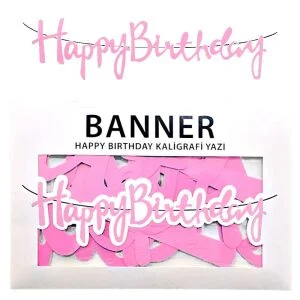 Banner El Yazılı Happy Birthday Pembe Uzar Yazı