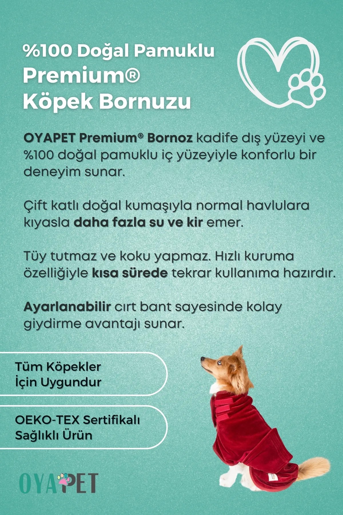 Premium® Doğal Pamuklu Süper Su Emici Lüks Havlu Ayarlanabilir Bel Küçük ve Büyük Irk İçin Bornoz