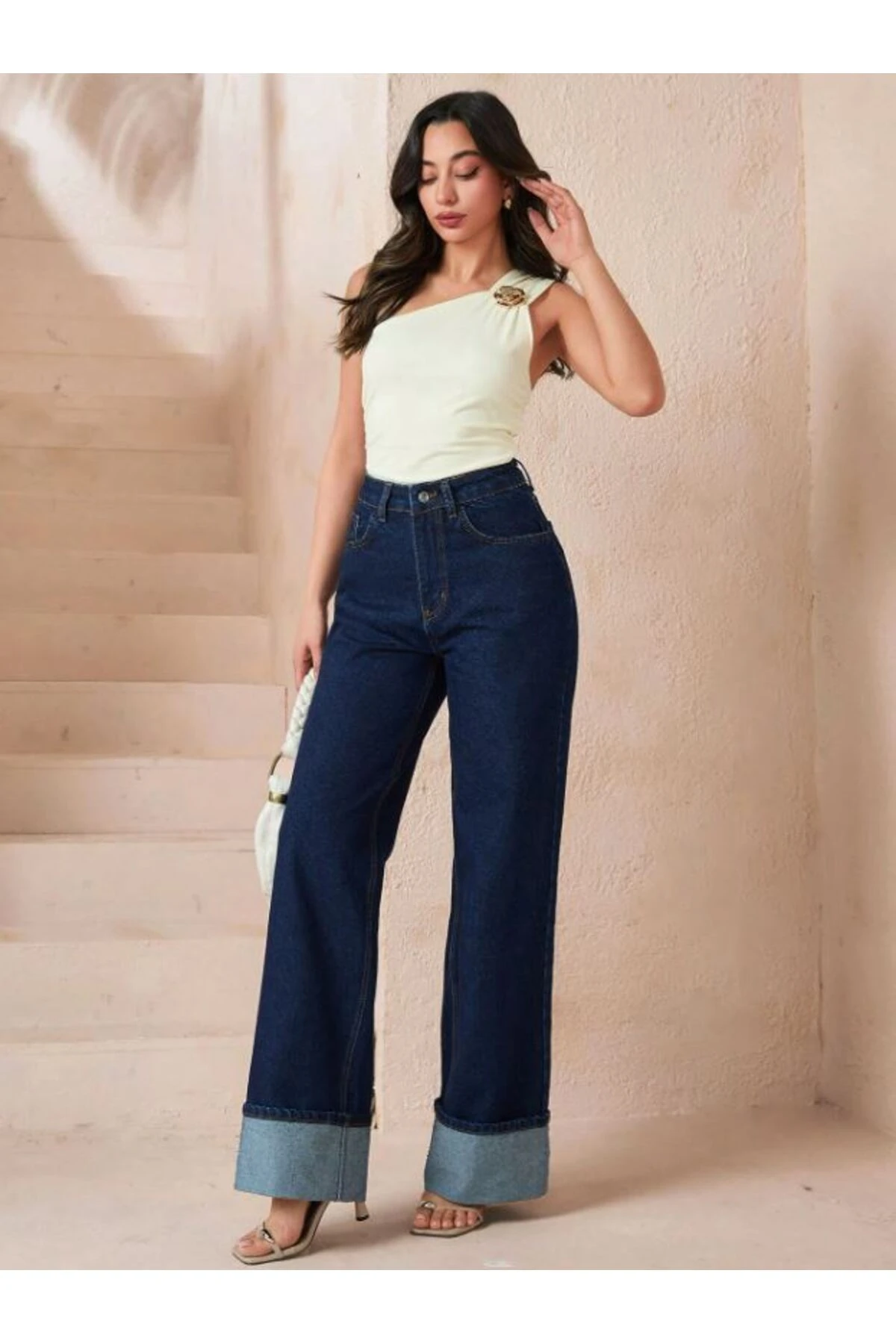 Kadın Lacivert Katlı Paça Denim Pantolon