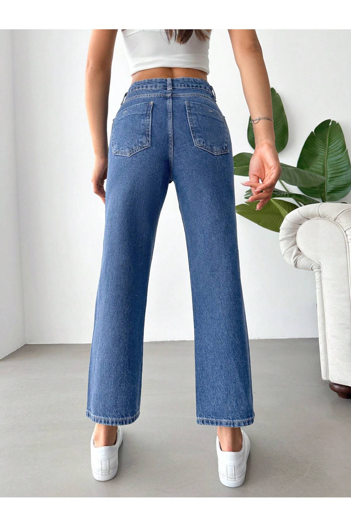 Yüksek Bel Koyu Yıkamalı Kadın Denim Pantolon