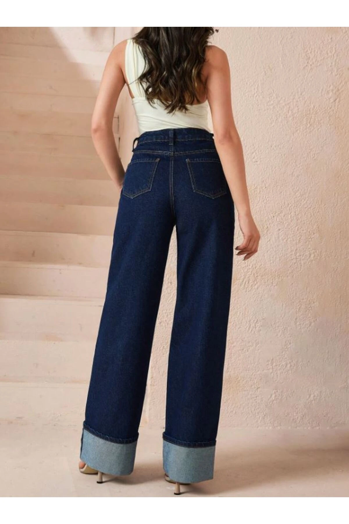 Kadın Lacivert Katlı Paça Denim Pantolon