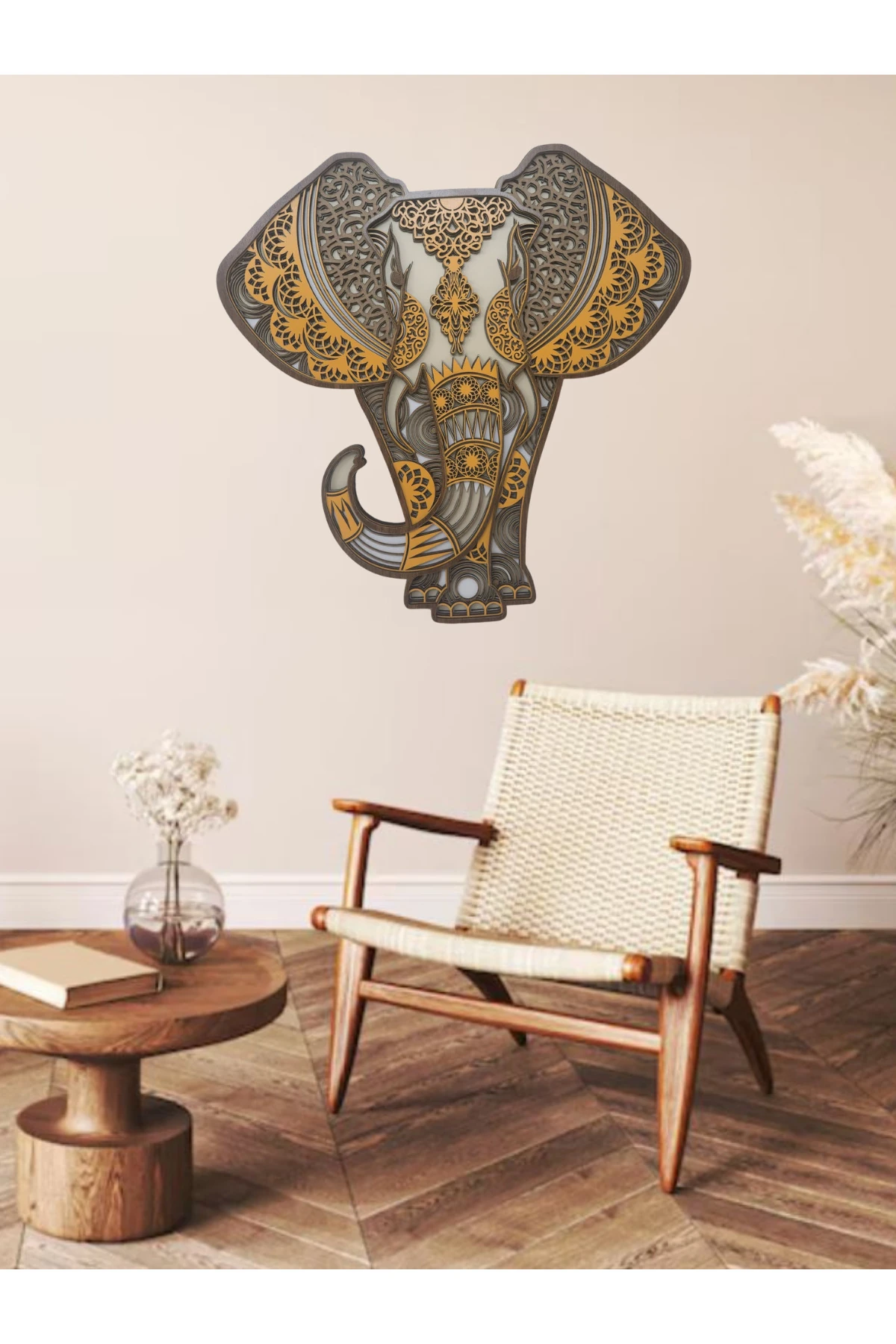 Kahve tonlarında, MDF Ahşap Fil Duvar Dekoru, Modern tasarım.