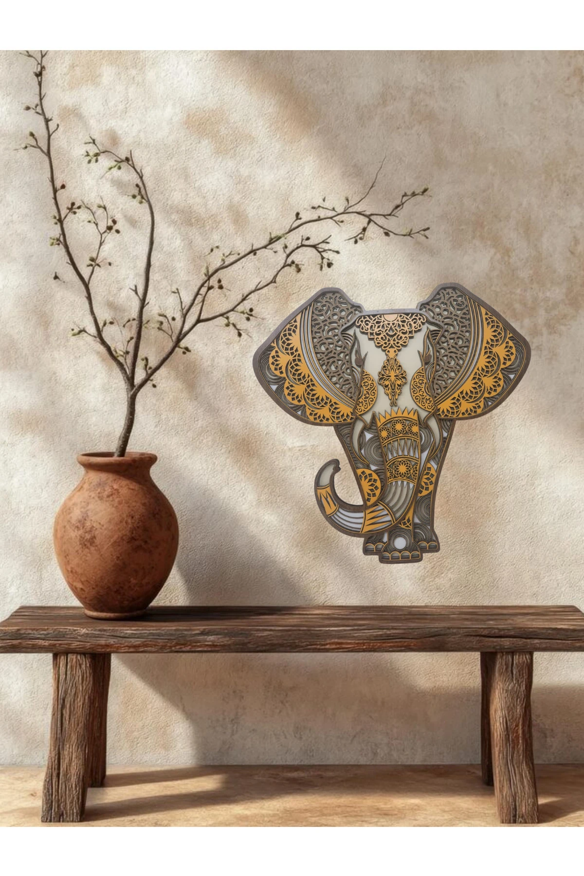 Kahve tonlarında, MDF Ahşap Fil Duvar Dekoru, Modern tasarım.