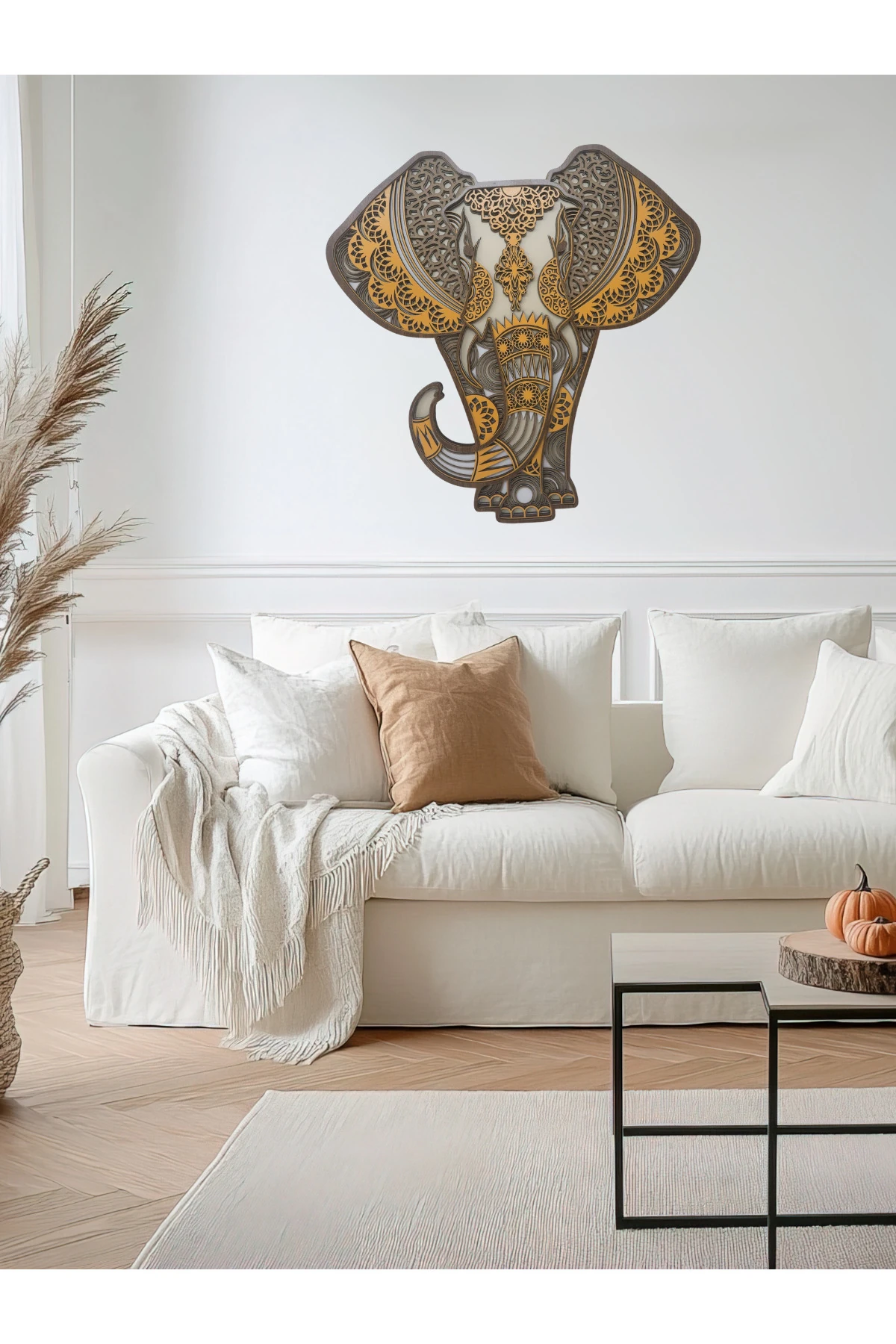 Kahve tonlarında, MDF Ahşap Fil Duvar Dekoru, Modern tasarım.