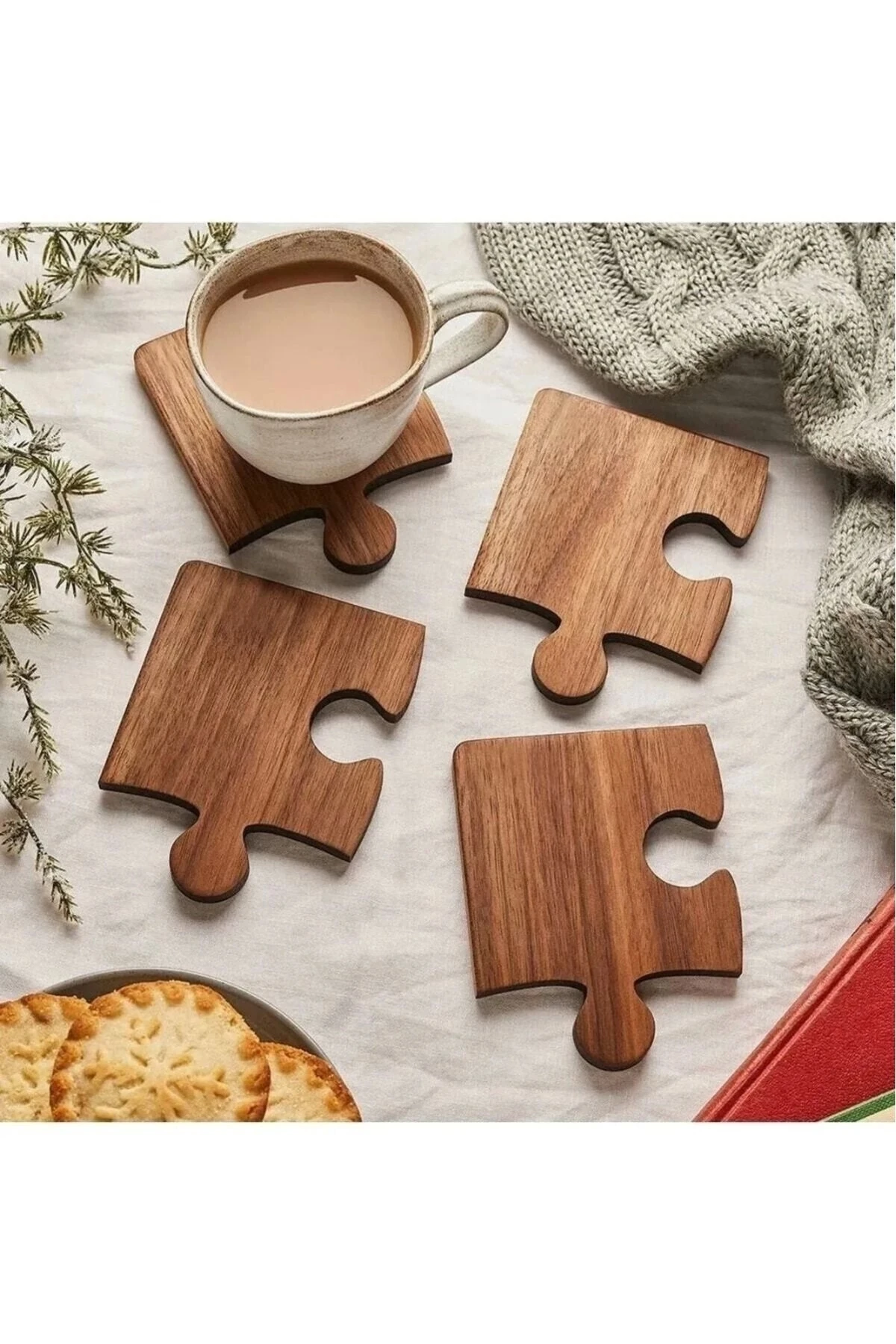 Ahşap Desenli Puzzle Mdf Bardak Altlığı 4lü Set 10x10 Cm Masaüstü Dekorasyon Eşyası