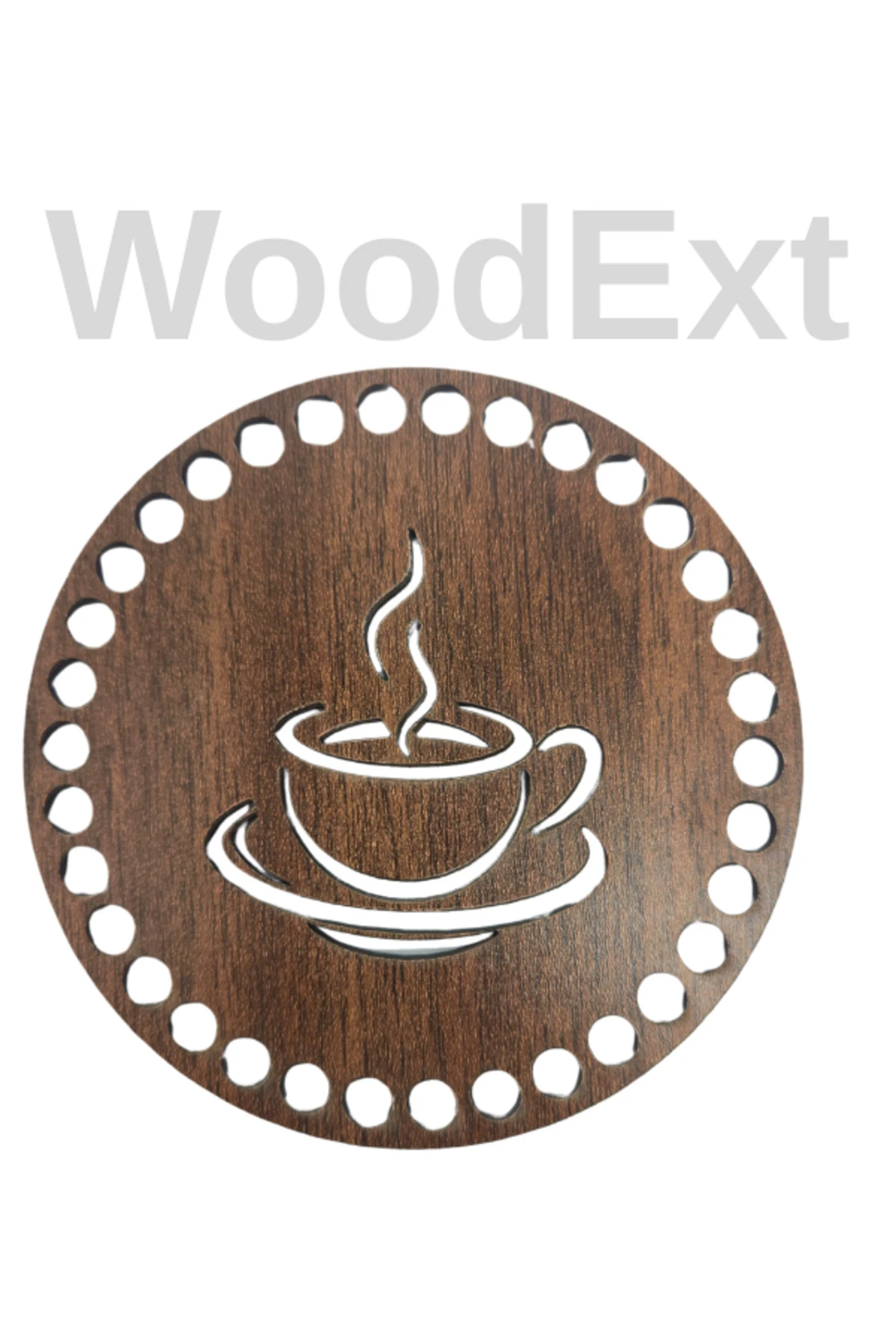 Örülebilir Ahşap Bardak Altlığı . Kenarları delikli. 1 adet, 12 Cm Çapında