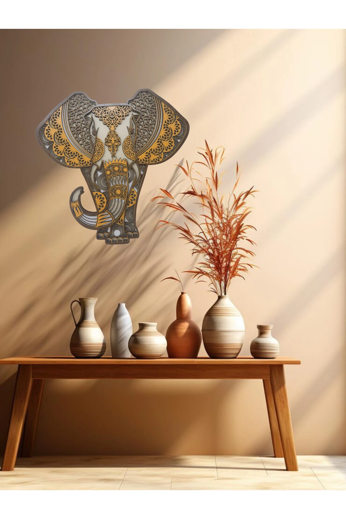 Kahve tonlarında, MDF Ahşap Fil Duvar Dekoru, Modern tasarım.
