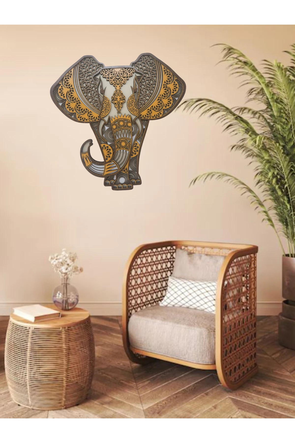 Kahve tonlarında, MDF Ahşap Fil Duvar Dekoru, Modern tasarım.