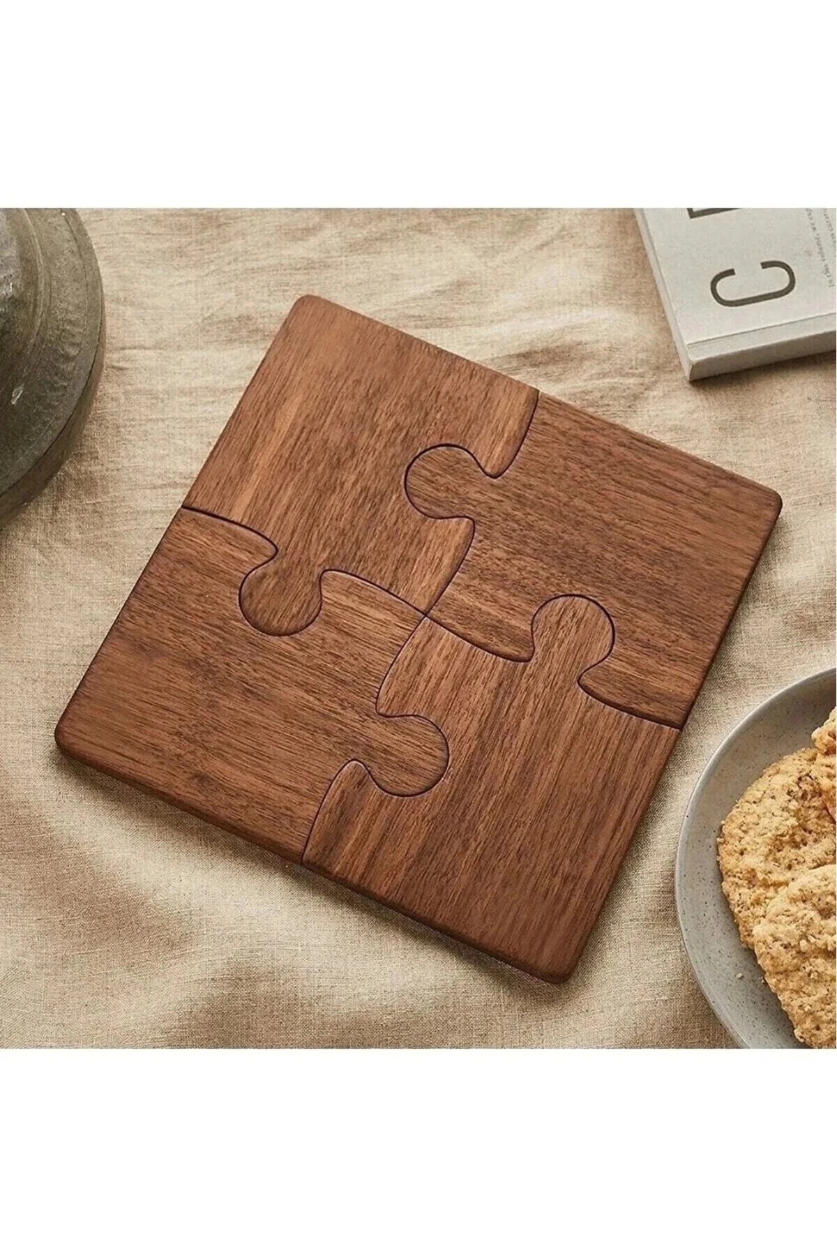 Ahşap Desenli Puzzle Mdf Bardak Altlığı 4lü Set 10x10 Cm Masaüstü Dekorasyon Eşyası