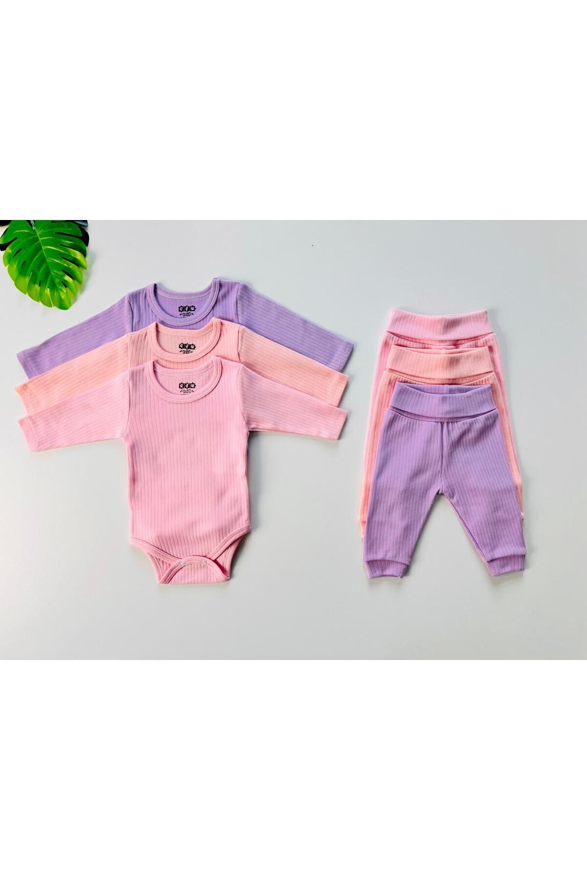 3'lü %100 Pamuklu Raporlu Kız Bebek Basic Body Pantolon Takım - çok renkli