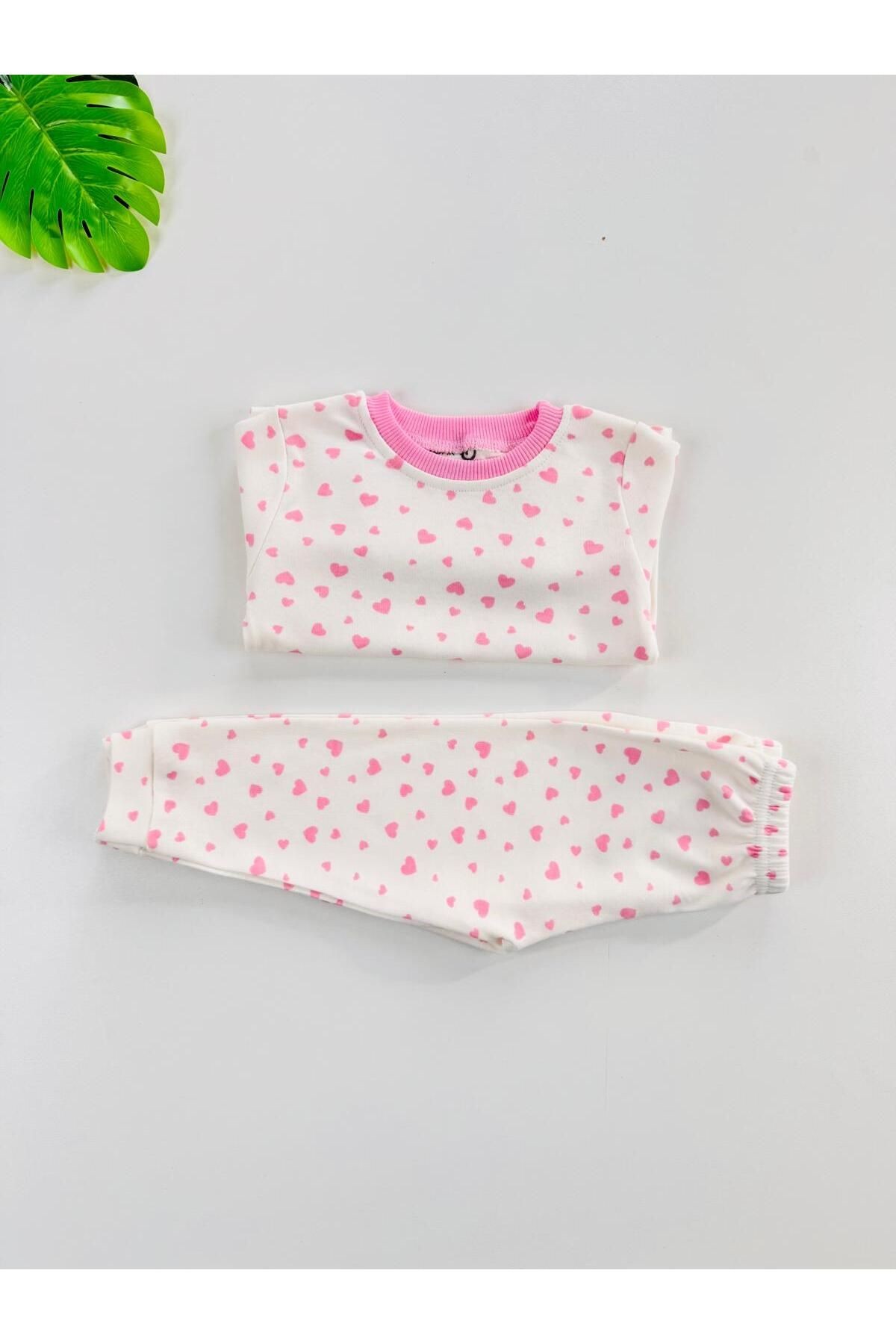 %100 Pamuklu Kalp Desenli Bebek Çocuk Pijama Takım